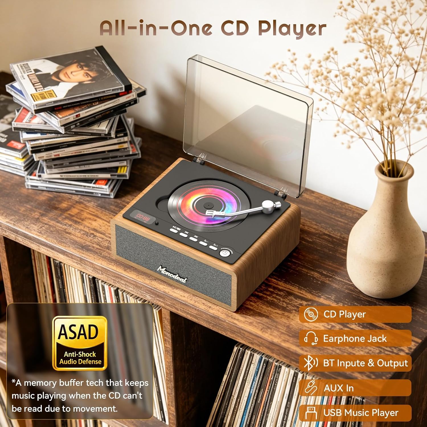 MONODEAl Retro CD Player Bluetooth mit Holz Case, HiFi Bass Boost | Wiederaufladbar Discman mit Fernbedienung und Sleep Timer, CD Player Tragbar mit USB/AUX Wiedergabe