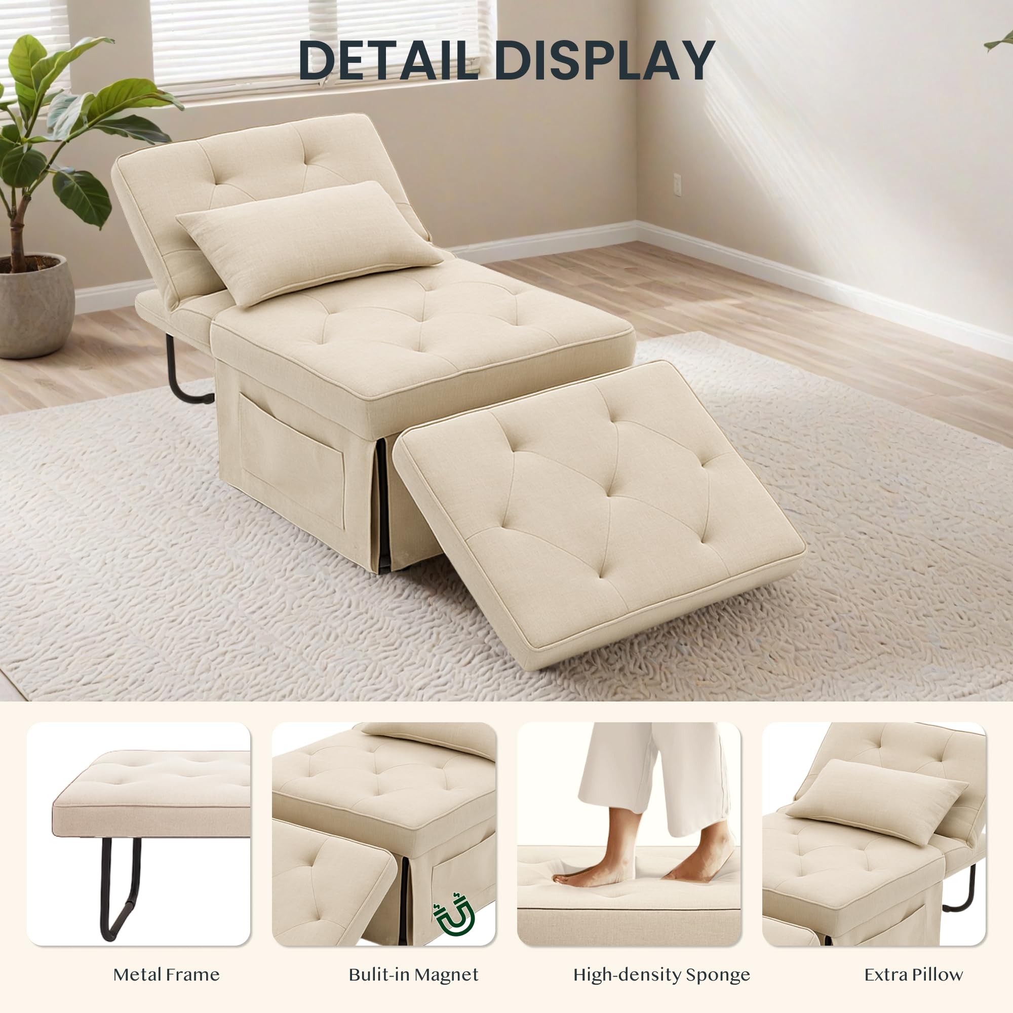 FLEXISPOT Poltrona Relax Pieghevole 3 in 1, Sedia a Sdraio Trasformabile con Funzione Letto, Portata 300 kg,Beige, 72×69×35 cm