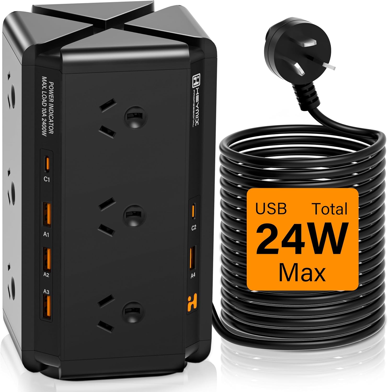 Tower Power Strip USB C, USB Powerboard Surge Protector 12Outlet, 24W