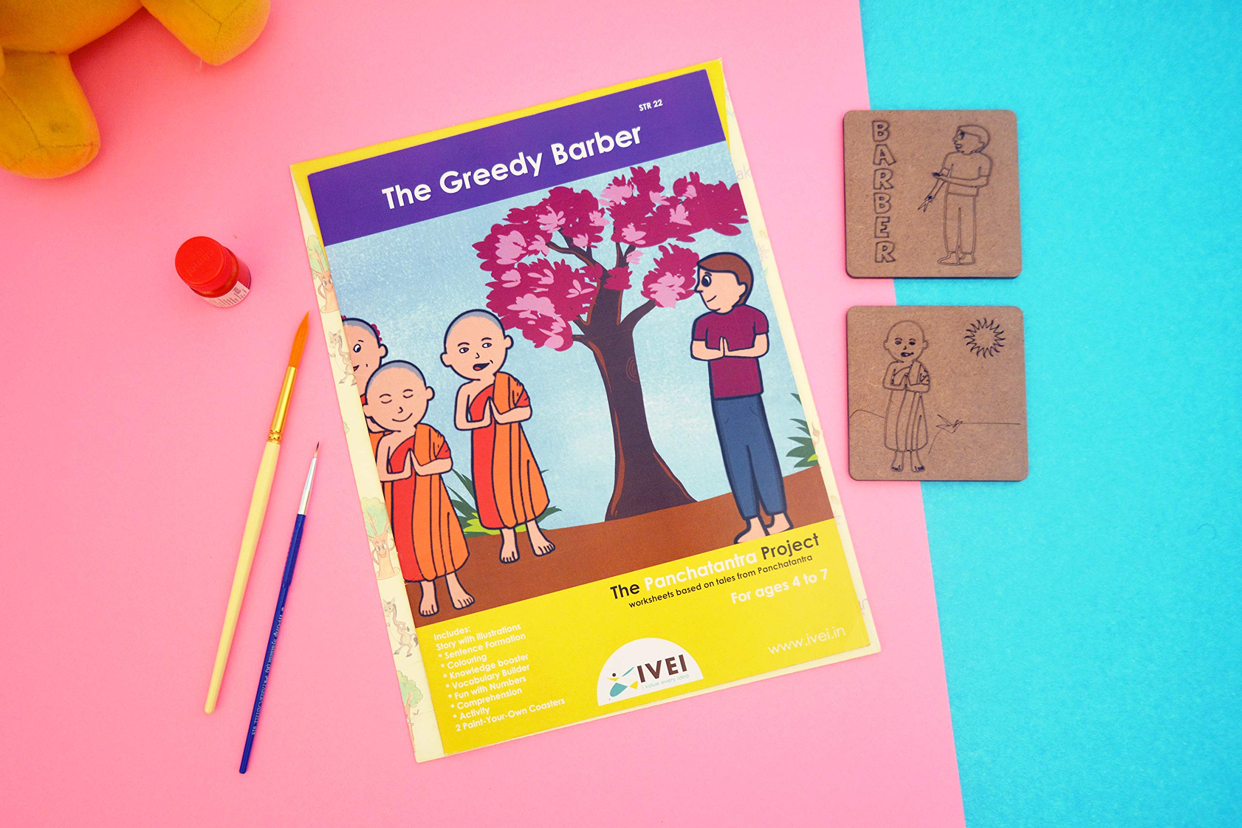 IVEI Panchatantra Story Kids Learning Book - Workbook and 2 DIY Coasters - Colouring Activity Worksheets - Creative Fun Activity and Education for Kids - The Greedy Barber (Age 4 to 7 Years) - Image 2 thumbnail