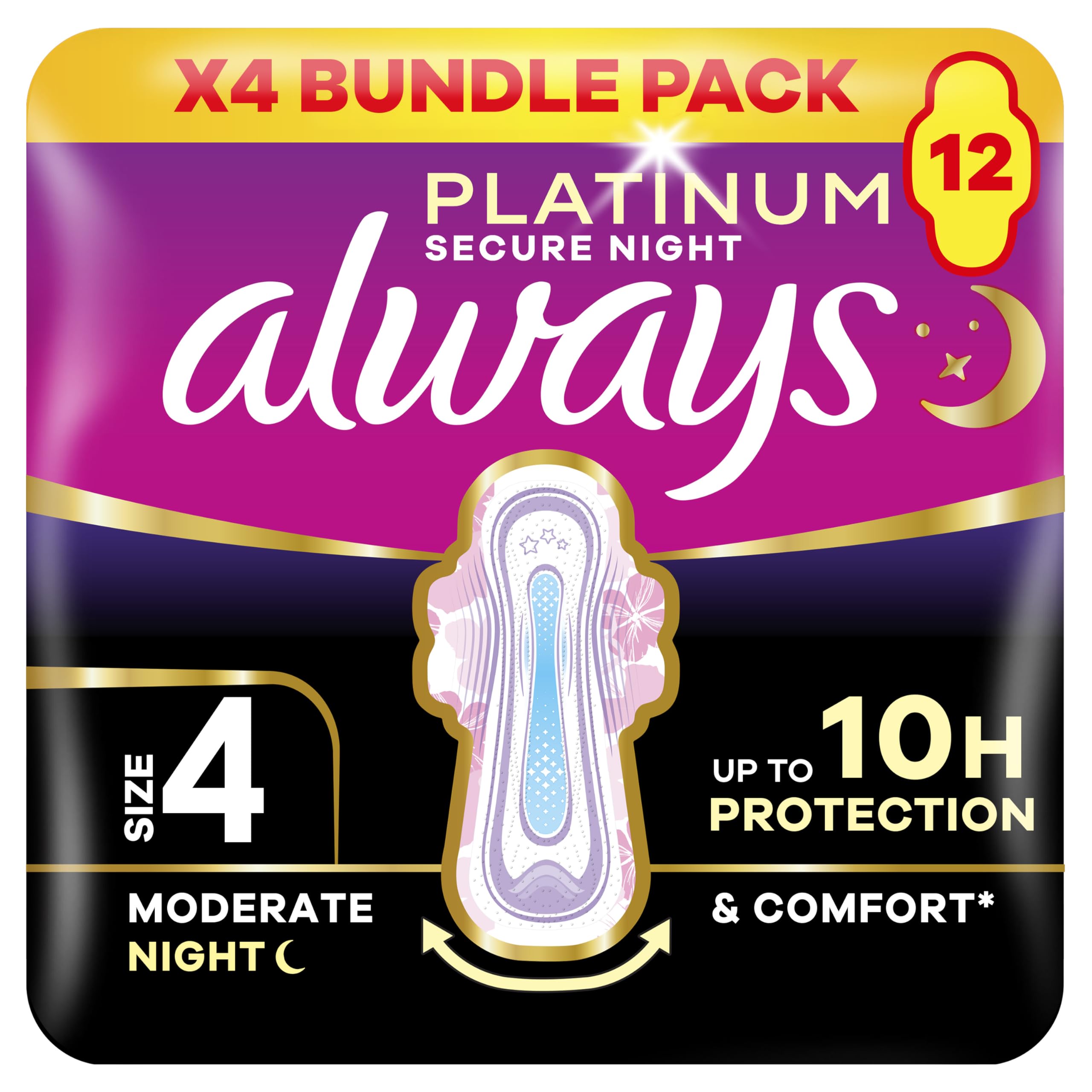 Always Platinum Size 4 Sanitary Pads With Wings Secure Night 12 Pack