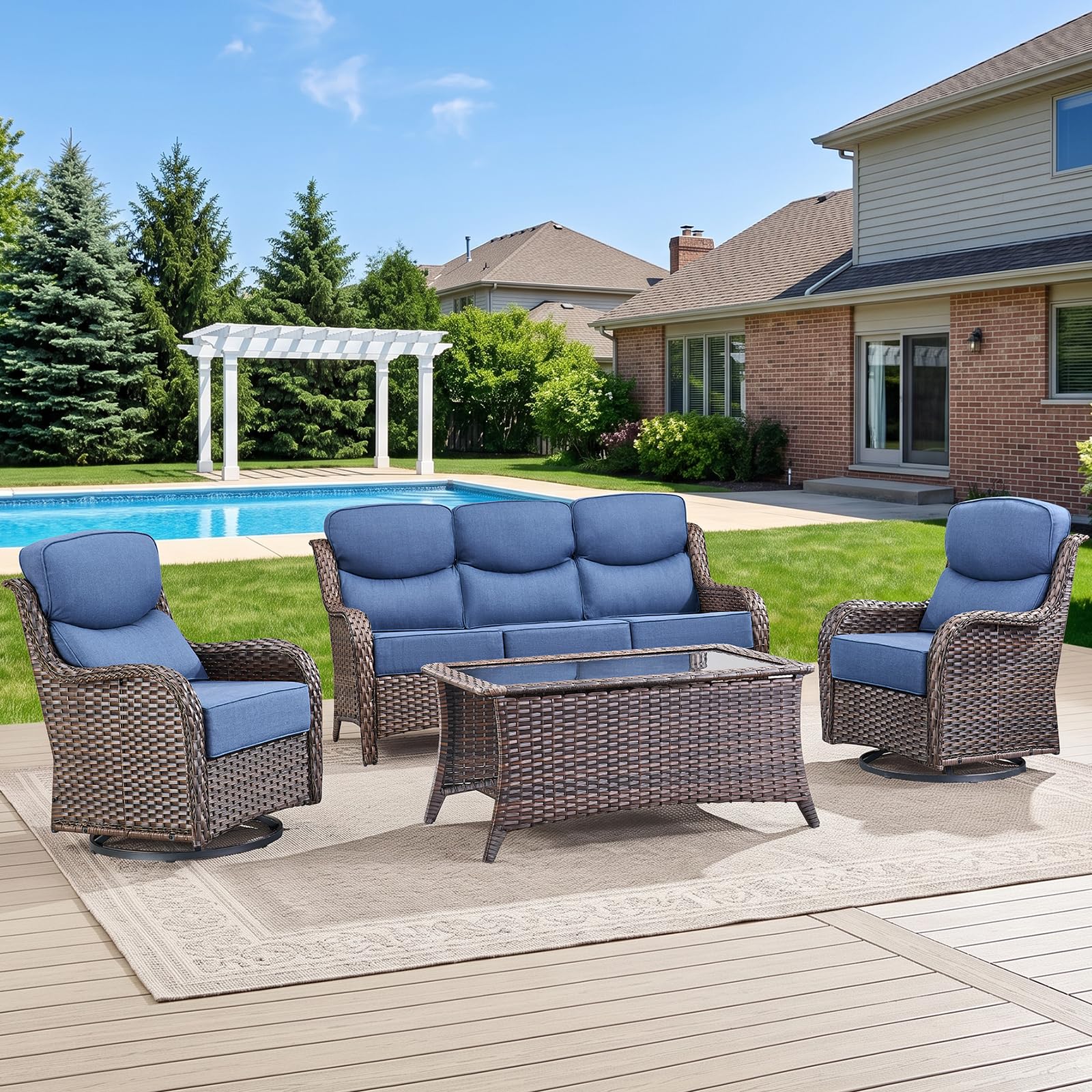 Swivel Patio Chairs sofa Set of 4 with 6" Thick Cushion - Wicker Outdoor Swivel Rocker Patio Chair ,Sofa/Glass coffee table, High Back Comfortable Outdoor Glider Chairs - Brown Wicker | Blue Cushions