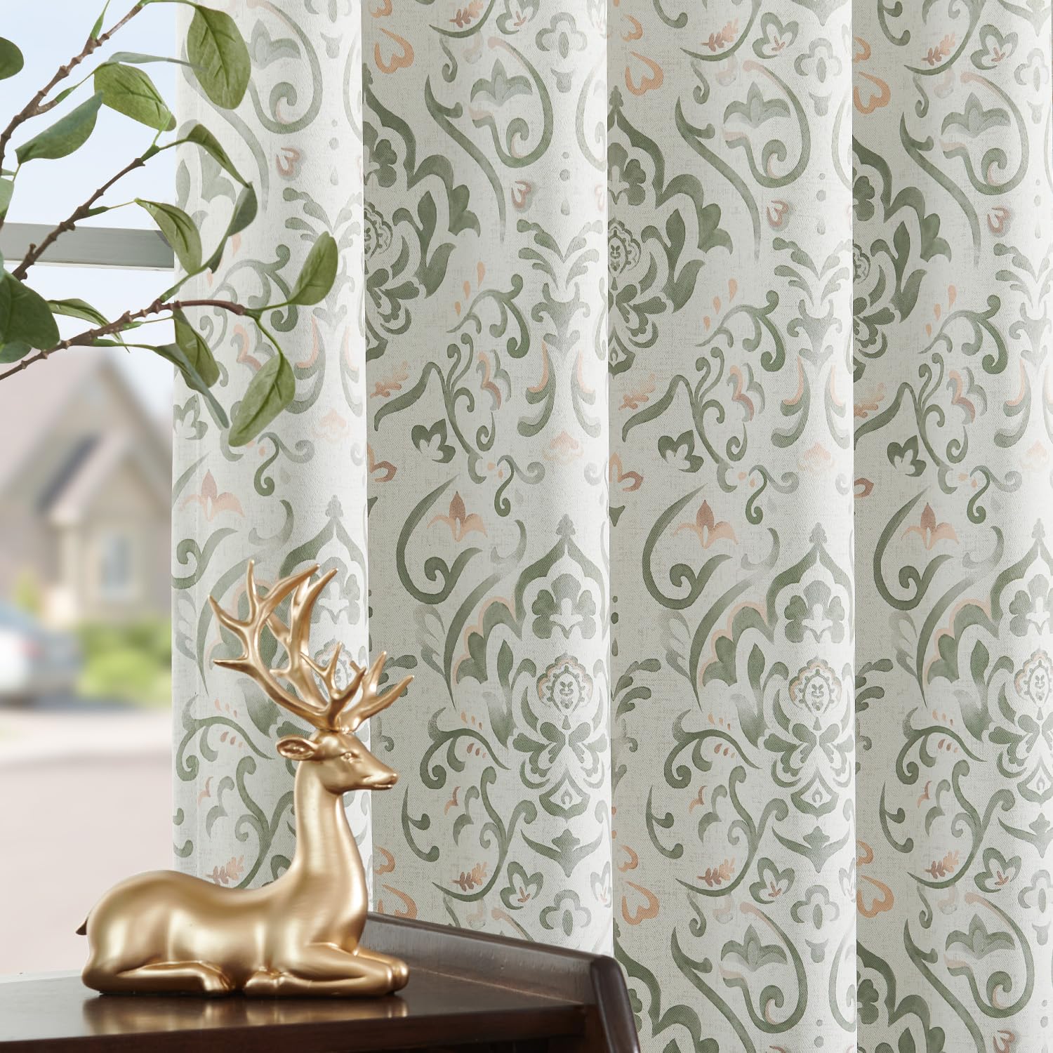 Lazzzy Cortinas opacas de damasco floral verde salvia de 213 cm de largo para sala de estar, tratamiento de oscurecimiento de habitación, estampado floral vintage, cortinas con aislamiento térmico con