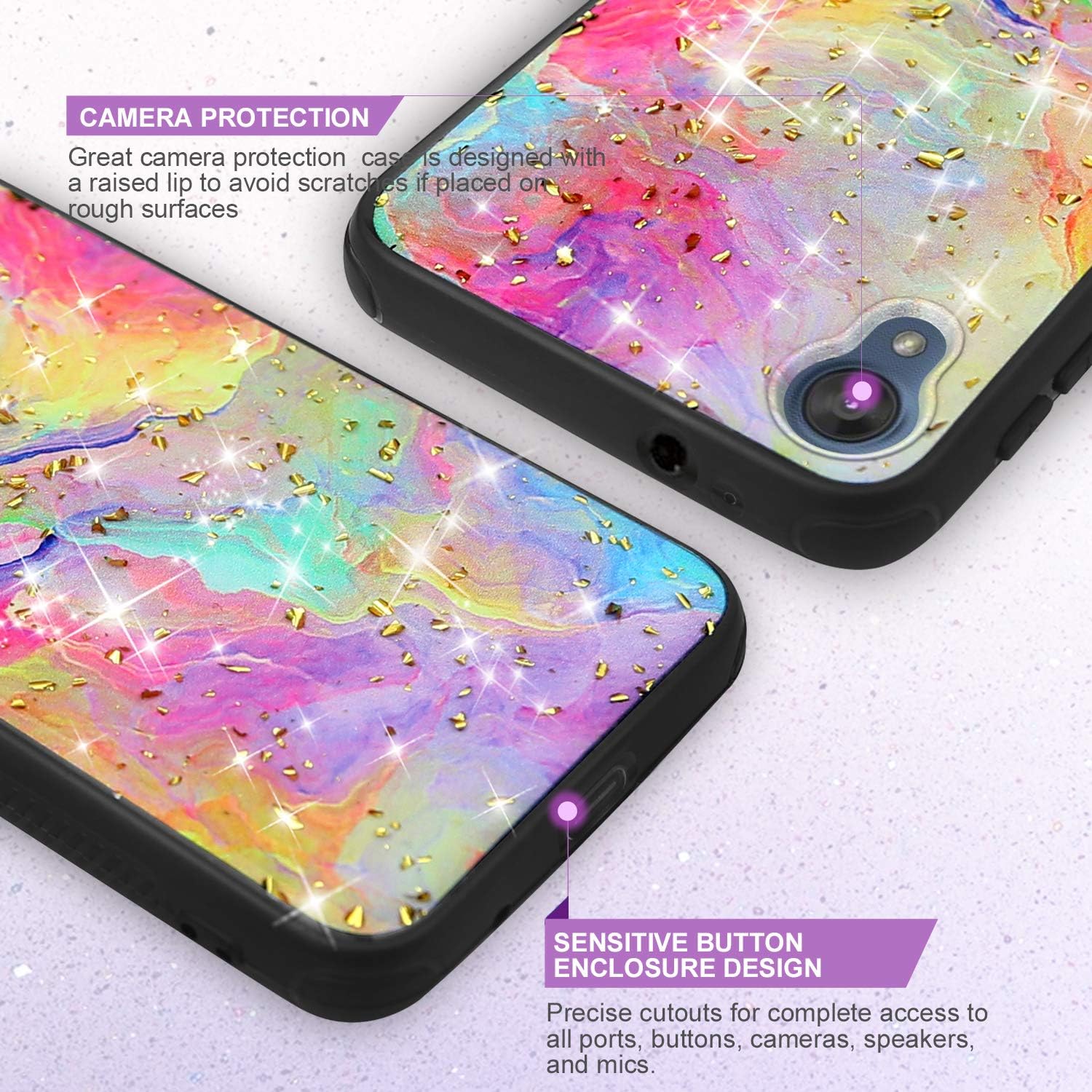 TJS Phone Case Compatible with Motorola Moto E6, with [Full Coverage Tempered Glass Screen Protector] Shiny Chrome Flake Marble Glitter Back Skin Full Body Soft TPU Rubber Bumper Cover (Rainbow)