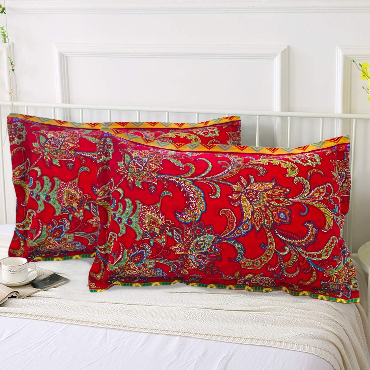 ABREEZE Bohemia Retro Pillow Shams Ethnic Vintage Floral Pillow Cases 100% Brushed Cotton Pillowcases Damask Paisley Colorful Red Pillow Covers Twin/Full/Queen Set of 2