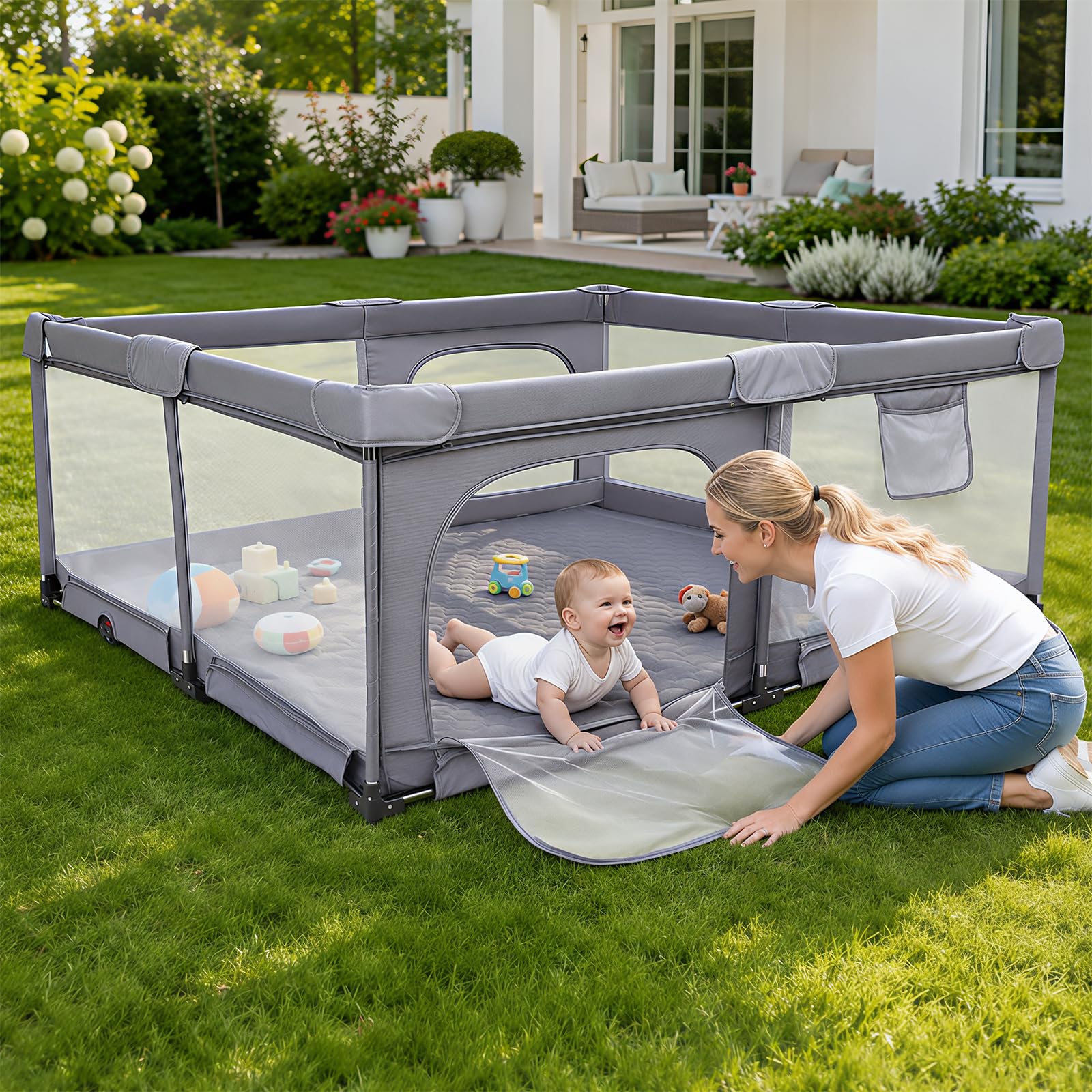 Faltbarer Laufstall Baby 180x150cm, 2 Seiteneingänge, Netz, weiche Kanten | Ohne Montage Nutzbar,Indoor & Outdoor Laufgitter & -Ställe mit Atmungsaktivem Netz & Pull-up Rings