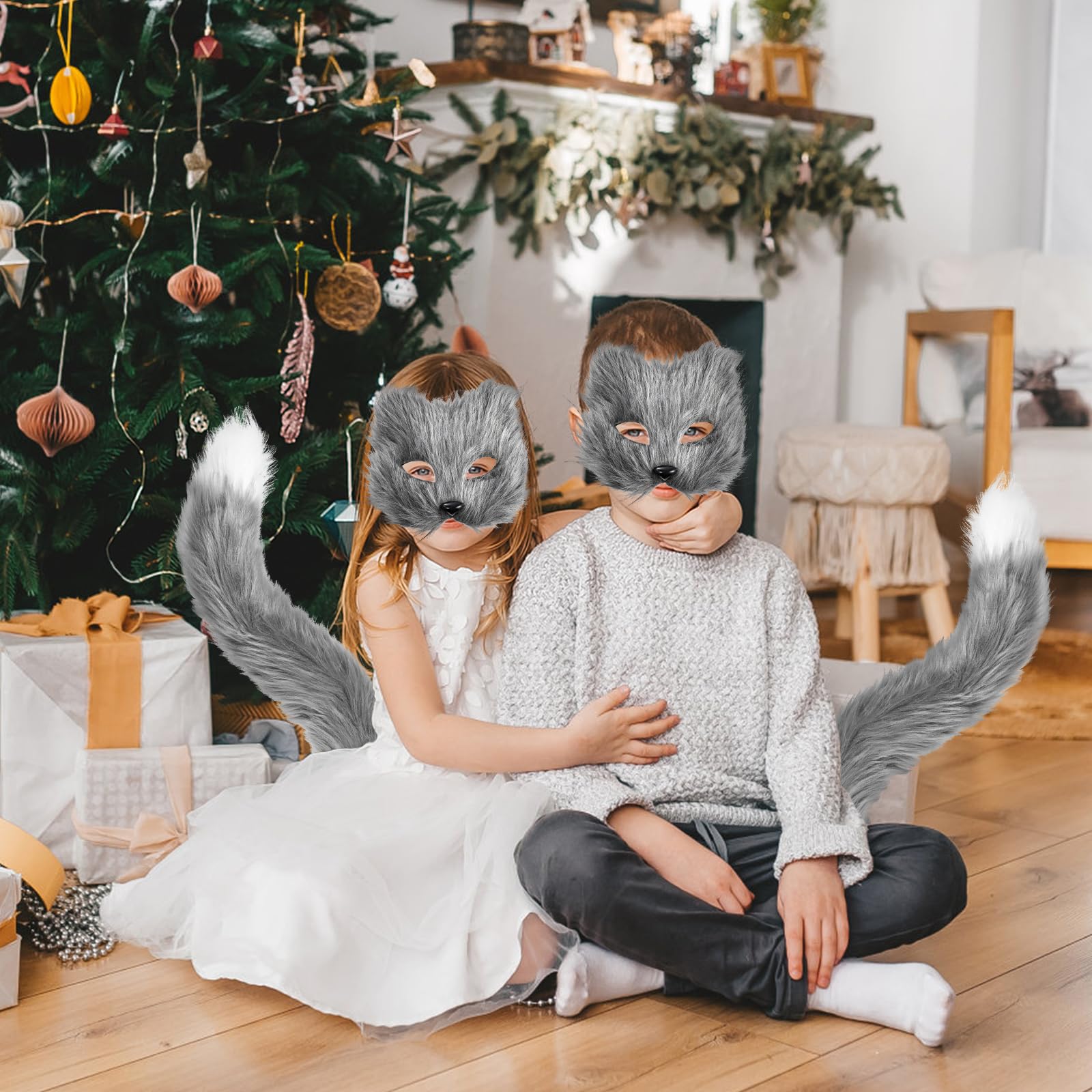 XEPST Animale Fox Costume Set con Therian Mask and Tail, Maschera e Coda da Volpe Therian Set di Accessori per Halloween Cosplay Costume Fancy Dress Carnevale,Grigio