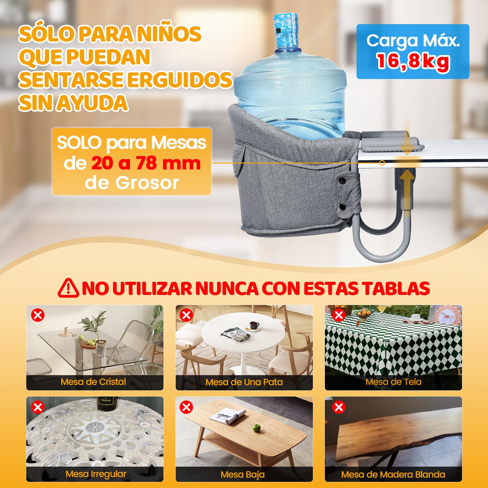 Orzbow Asiento Portátil de Alimentación, Gris Clásico | Trona de Viaje Plegable, Arnés de 5 Puntos con Hombreras Acolchadas, Diseño de Alta Carga, Sujetar Rápido a Mesa