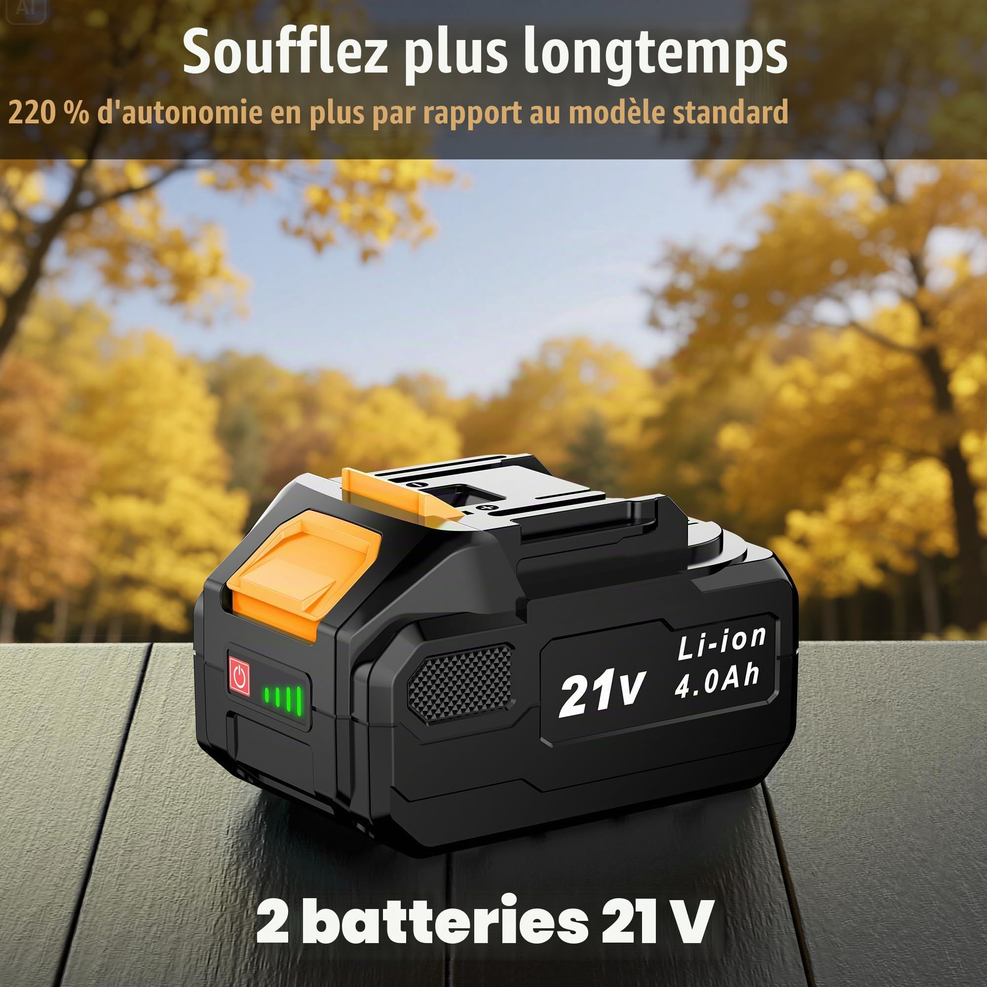 Souffleur de Feuilles sans Fil 21V, 2 Batteries 4,0Ah Incluses, 3 Vitesses Réglables, 2 Tubes de Soufflage Amovibles, Bandoulière – pour Jardin, Terrasse et Nettoyage Extérieur