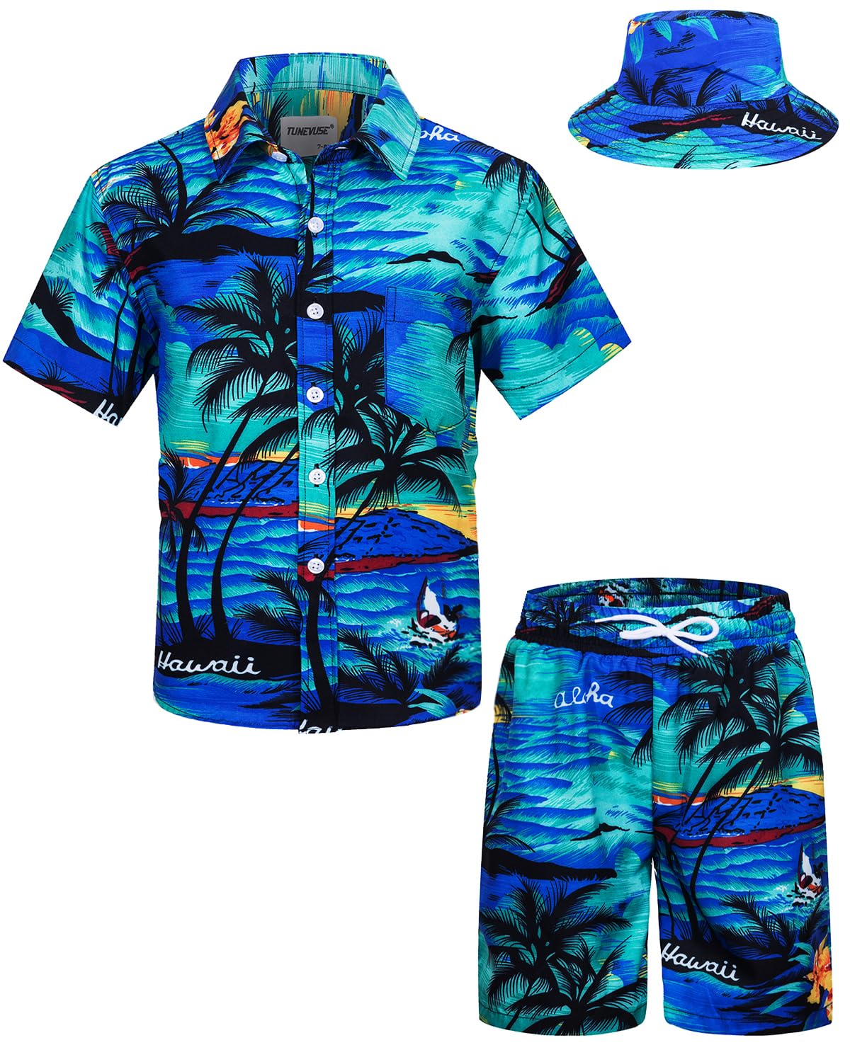 TUNEVUSE Little & Big Boys Hawaiian Button Down Camicie e set corti con cappello alla pescatora abiti estivi stampati per bambini Cabana Set