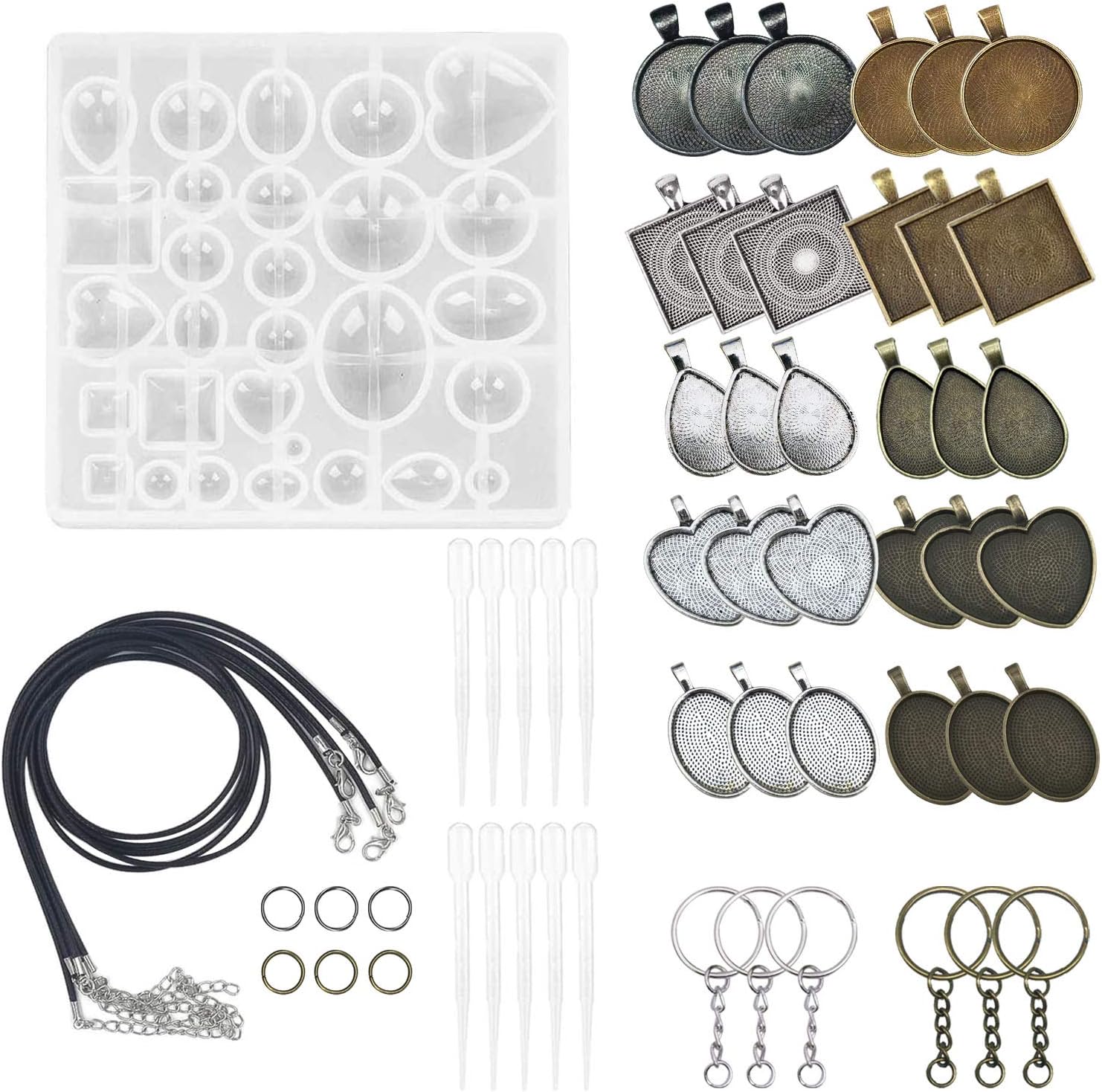 Seasonsky 57 PCS Pendant Trays and Resin Silicone Molds of Glass Cabochon Dome Tiles Kit, 5 Style Pendant Trays and Key Ring, Black Wax Rope for Bracelet Necklace Crafting DIY, Gift Making