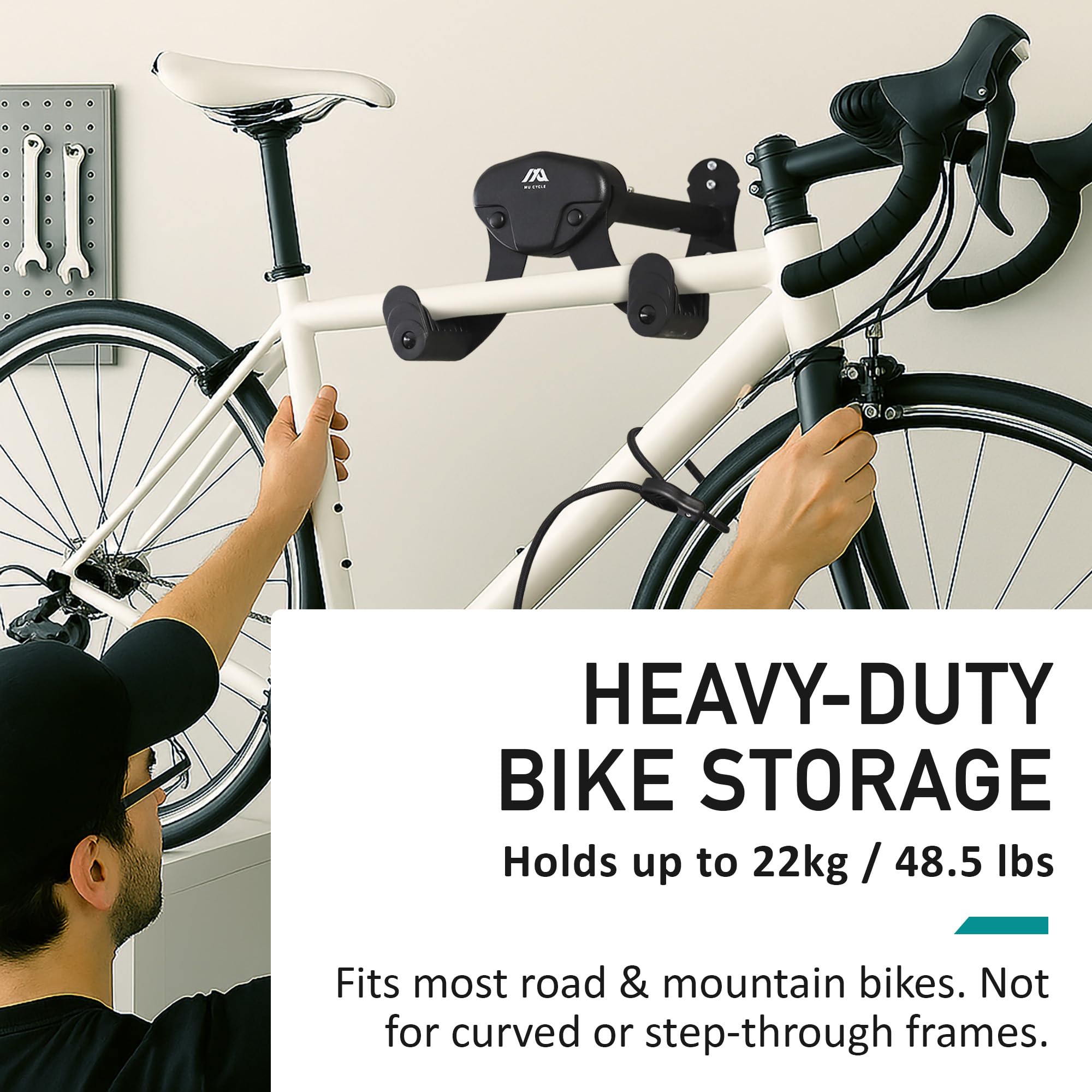 Buffalo Support mural pour vélo – Support horizontal réglable et robuste pour vélos de route, VTT et hybrides jusqu'à 22 kg, rangement peu encombrant dans le garage et l'appartement