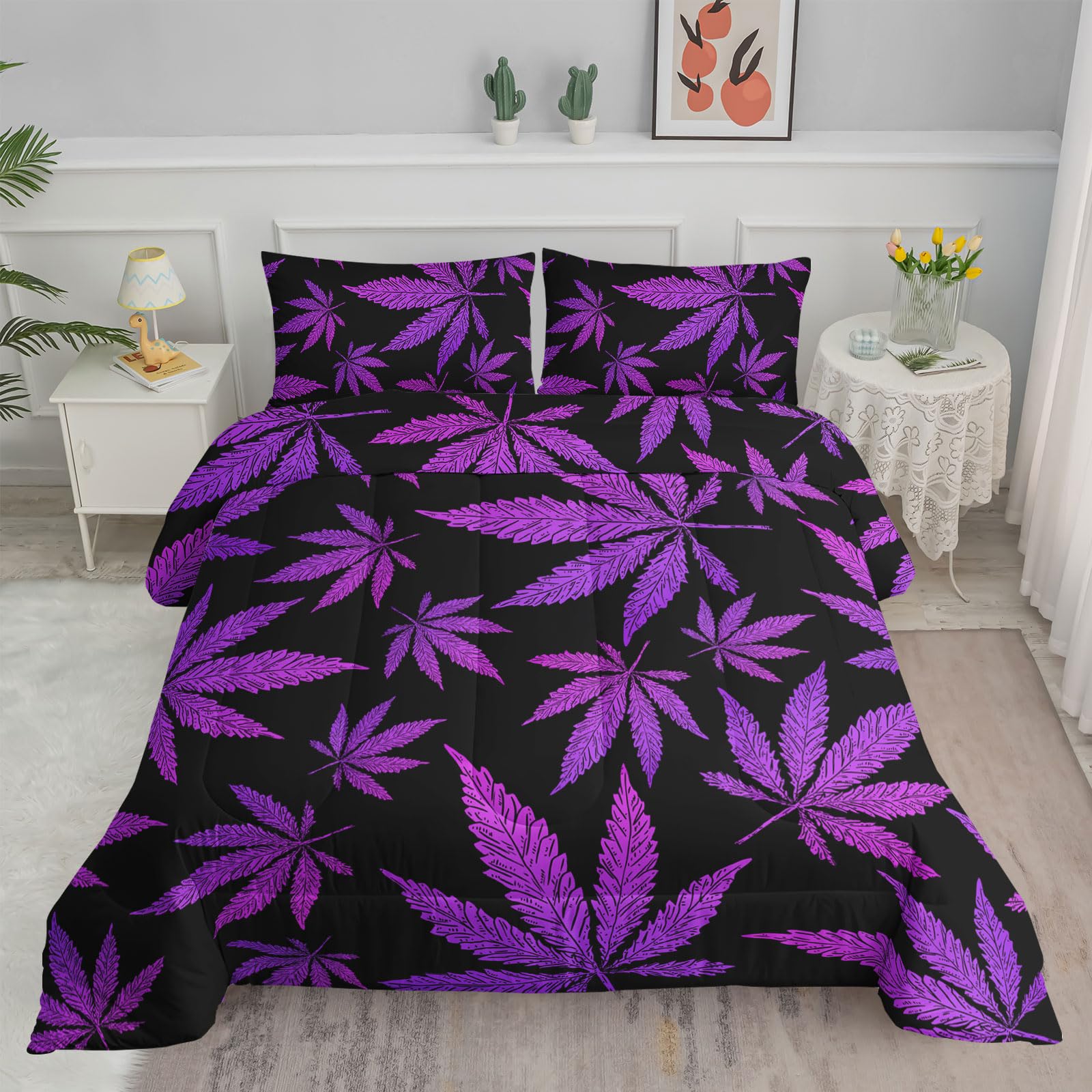 Axolotl Purple Black Leaves Comforter Set Full Size,3 Piece Floral Leaves Bedding Set,Botanical Floral Themed Print Bedding,Purple Leaf Quilt for