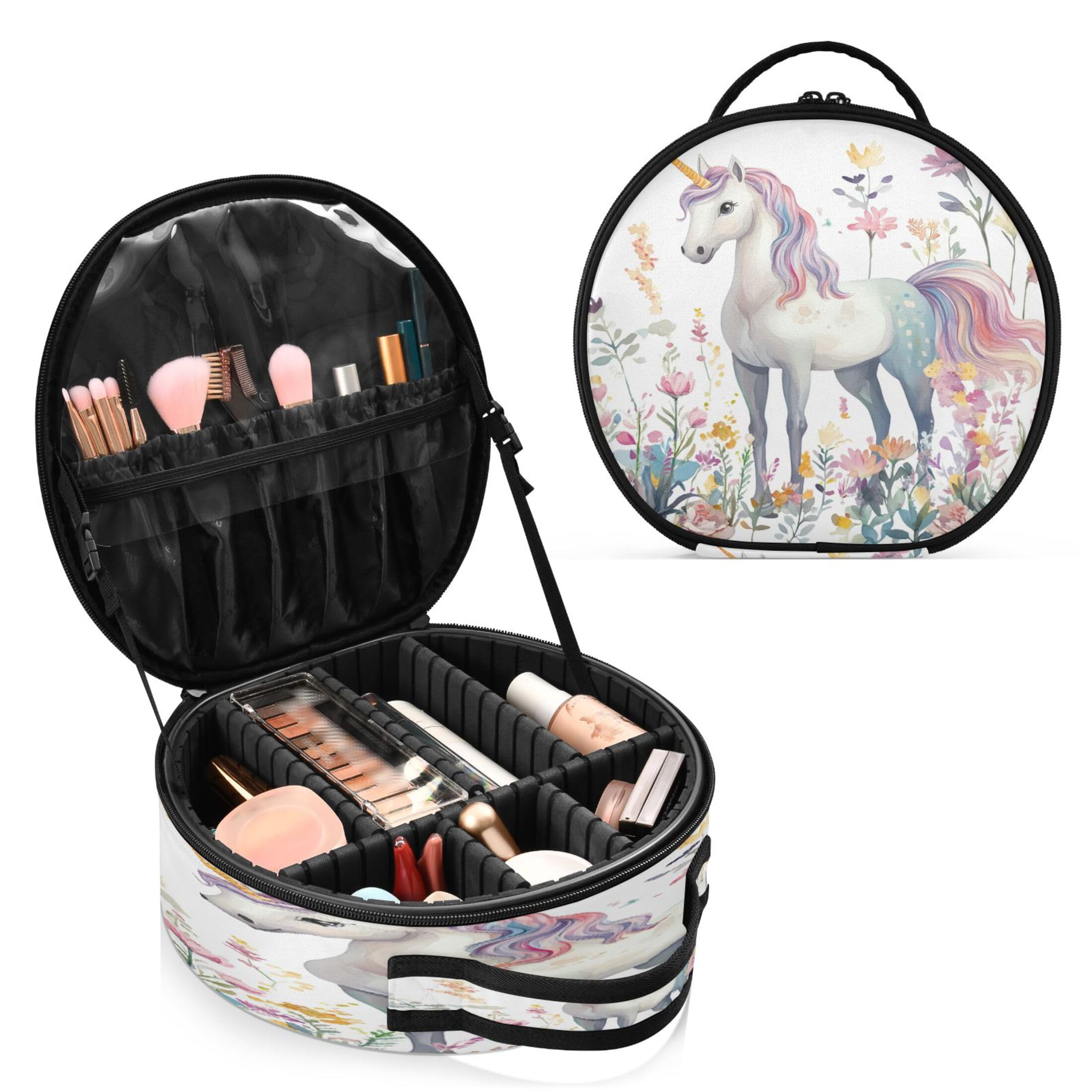 Takiito Watercolor Unicorn Flower Garden Travel Makeup Case Portable Makeup Box Artist Cosmetic Case Organizer With Adjustable Dividers