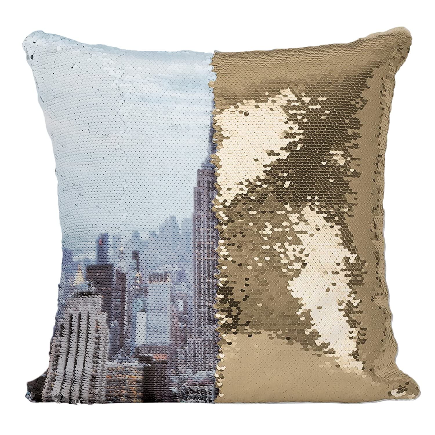 Coussin Sequin Doré New York Manhattan décoratif pour salon moderne