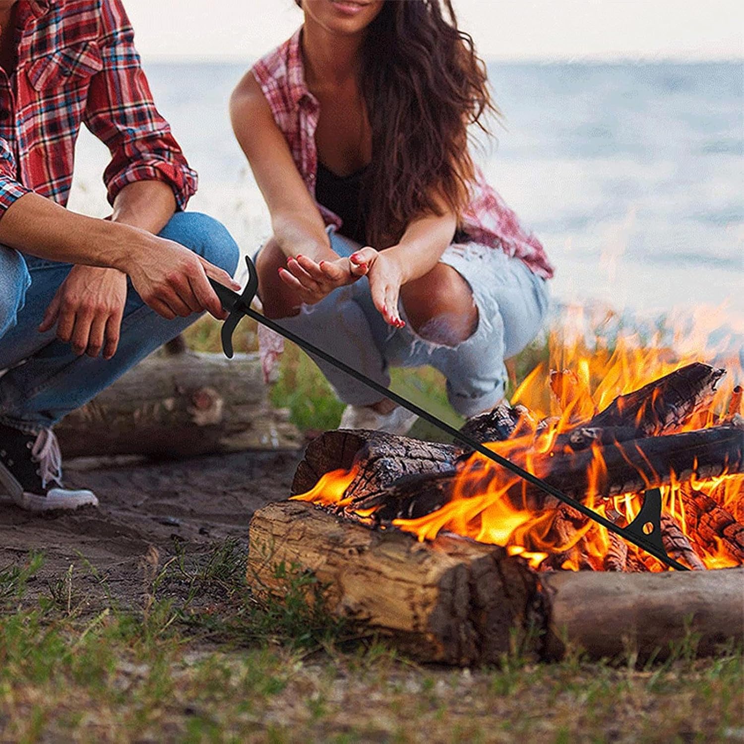 40in Fire Poker for Fireplace, Camping Fire Pit Poker Stick, Rustproof Solid Steel Fireplace Poker with Hook, Heavy Duty Firewood Poker for Indoor Outdoor Use, Wood Stove Accessori