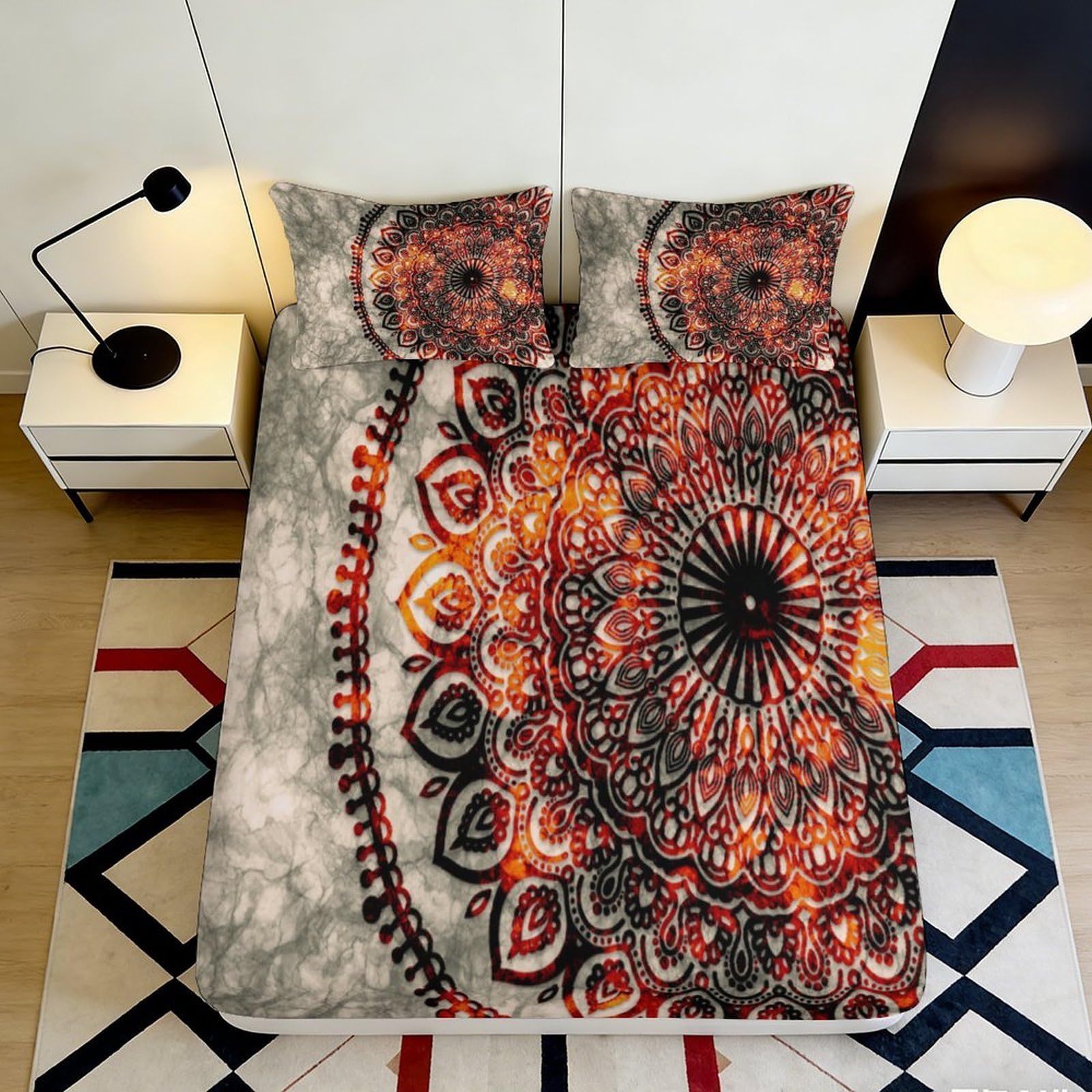 3D Printed Mandala Pattern Fitted Sheet Microfiber Soft Breathable Geometric Bed Cover for Bedroom Dormitory Guest Room Mattress Protection Decor 160x200x25cm