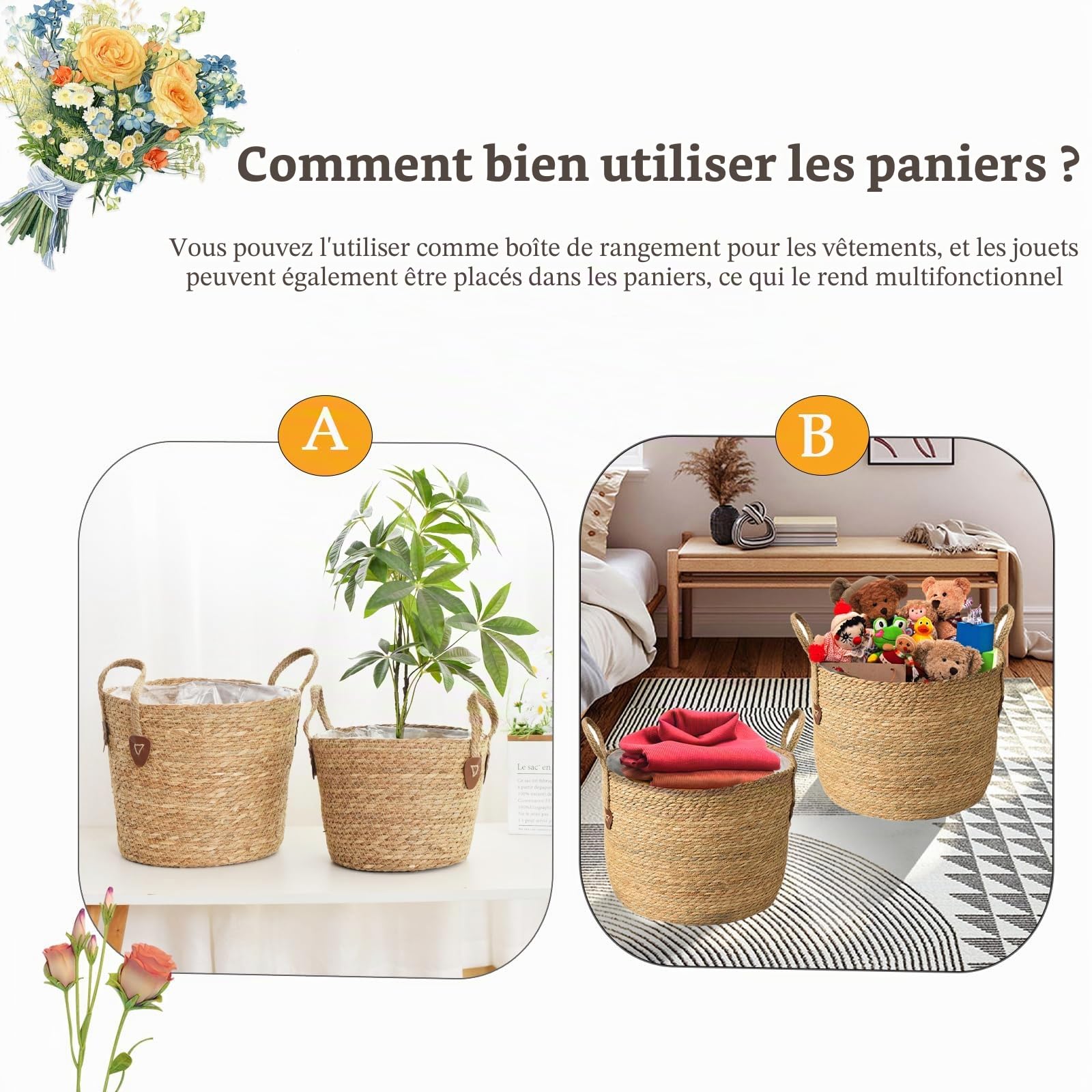 Pot de fleurs en osier tressé avec anse, panier de rangement pour jouets, panier de rangement avec poignée, fait à la main (L)
