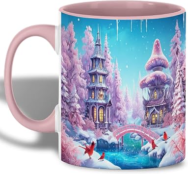 Fantasy Winter Coffee Mug, 11oz Ceramic Red and Pink Coffee Cup with Fantasy Winter Village Design, Gift for Women, Christmas, Birthdays, Tea, Coffee, Hot Chocolate Lovers, Artistic Holiday Decor