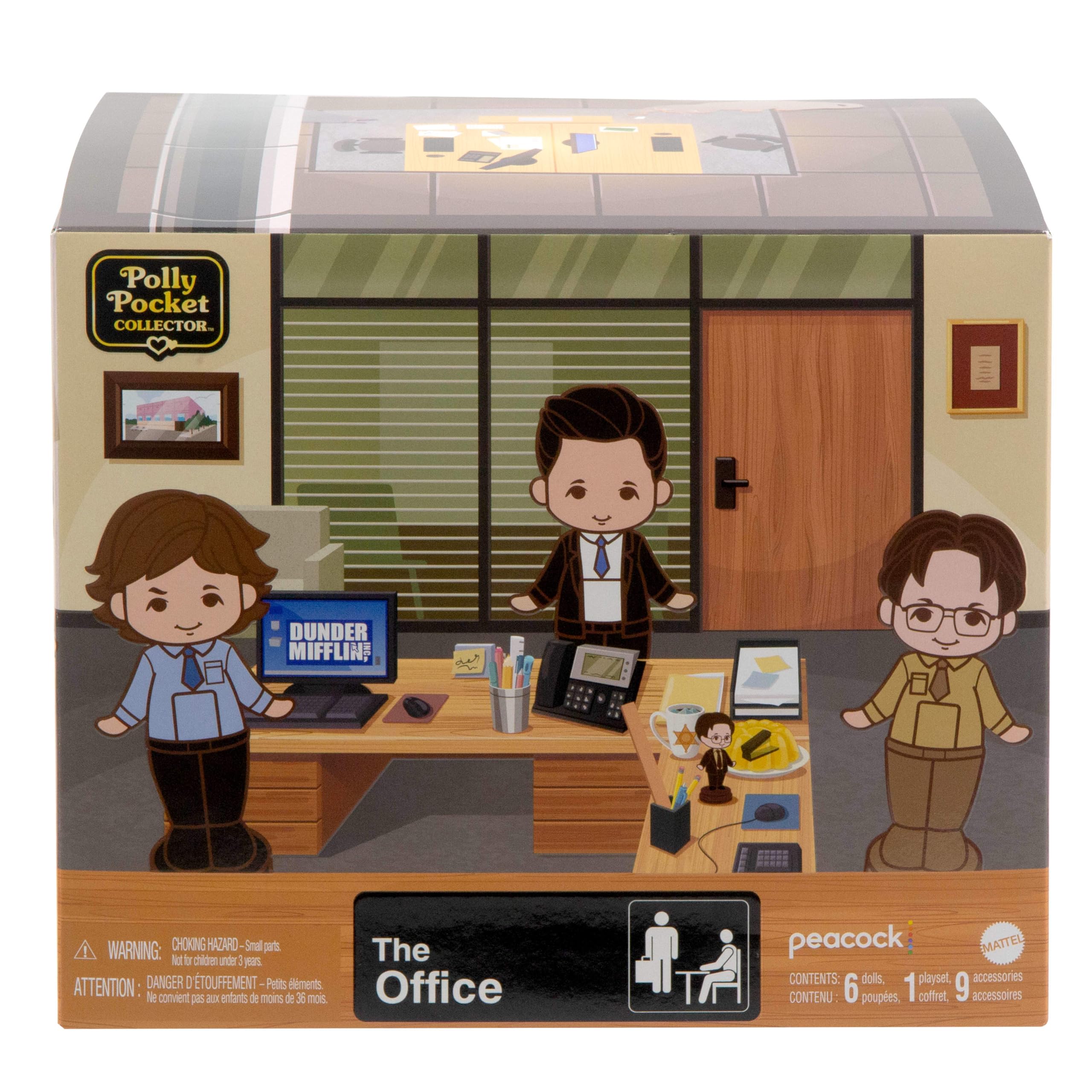 Polly Pocket x The Office Biuro Kolekcjonerski zestaw kompaktowy w kształcie kubka do kawy zawierający 6 mikrolalek i 9 akcesoriów, kolekcjonerska zabawka licencjonowana, JCC19
