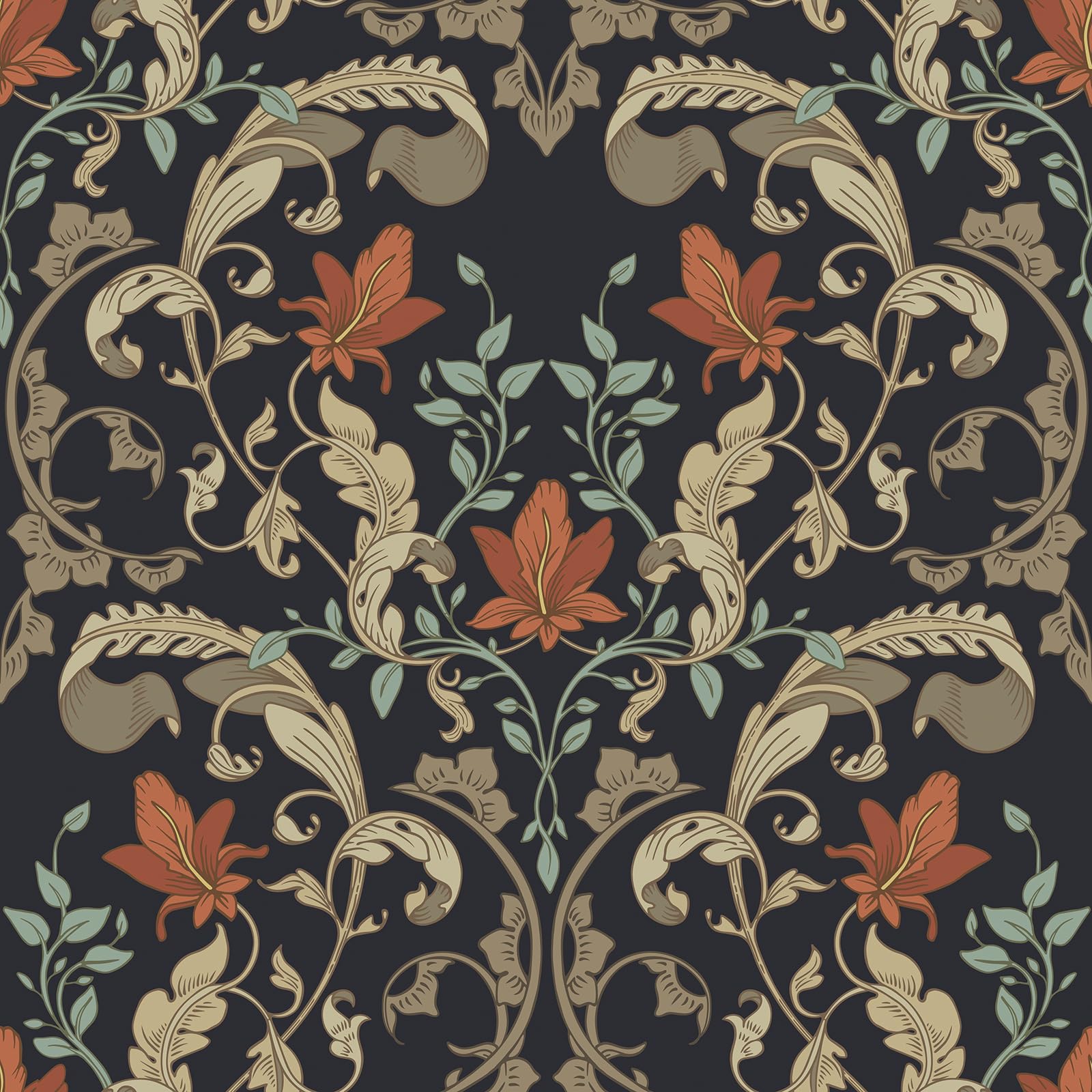 Gothic Damask Wallpaper Peel and Stick Antique Victorian Dark Flower Scroll Acanthus Leaf Botanical Wallpaper William Morris Removable Vintage Art Nouveau Contact Paper for Cabinet 17.5"x80"