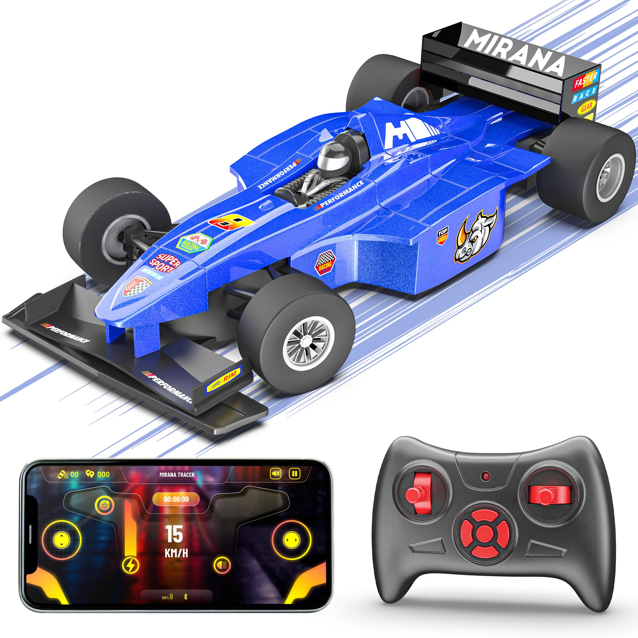 mirana super car | usb rechargable type-c | in-built bluetooth speaker | 1:12 size high-speed racing dual motor rc car | long range remote & app controlled toy for kids 4+ 5+ 6+ years (blue)