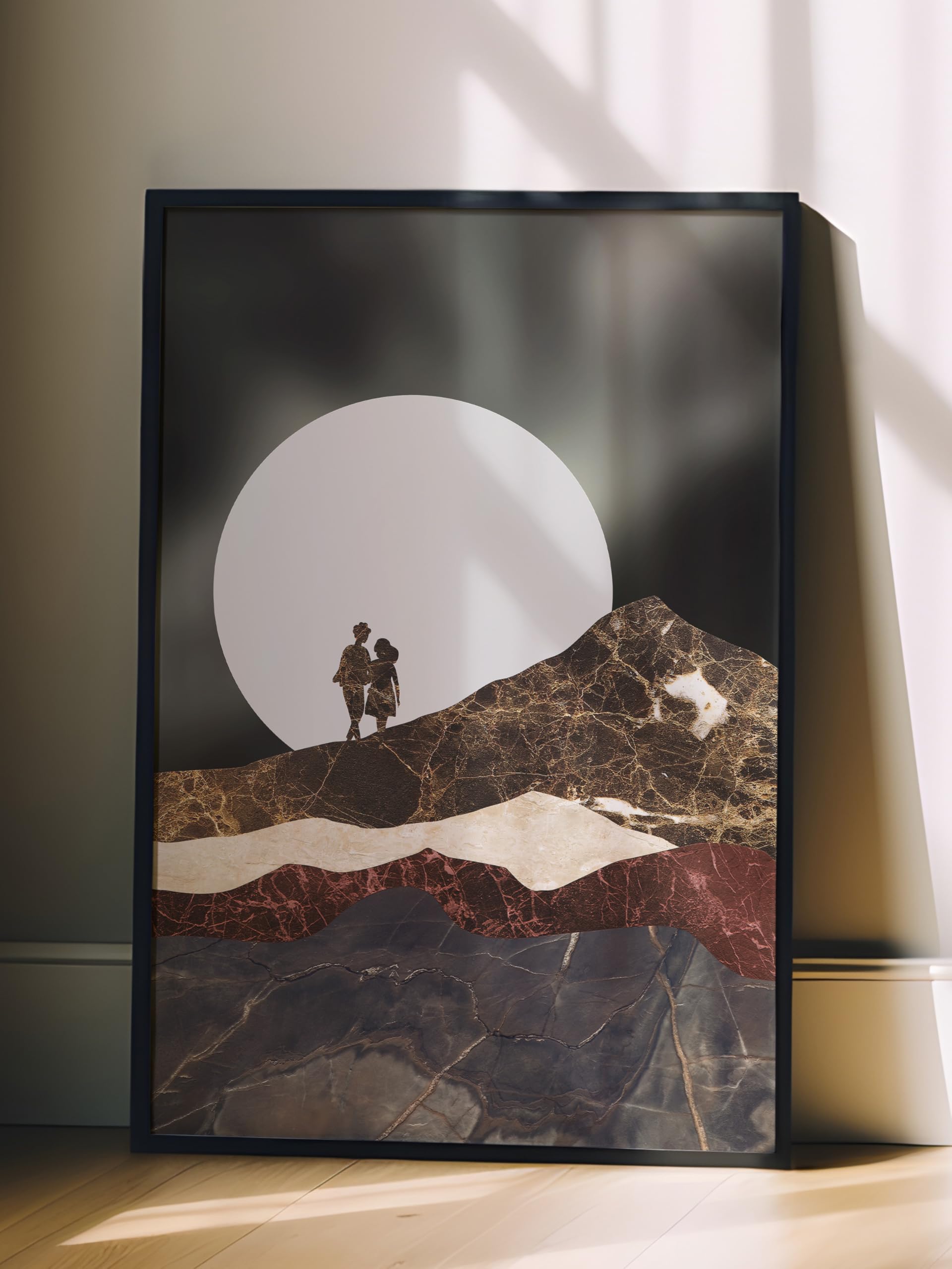 Zestia Siyah Çerçeveli Tablo, Çift Silueti, Büyük Ay Arka Planı, Kolaj Stil Poster No: 106604 30 x 40
