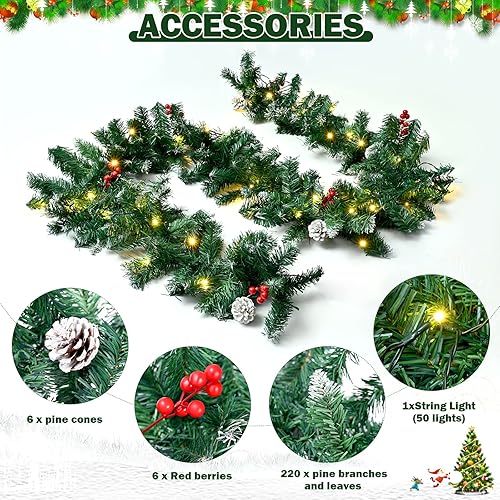 Miniatura 2 de Guirnalda de Navidad de 9 pies con luces, guirnalda iluminada preiluminada con conos de pino, ramas exuberantes de bayas rojas, 50 luces LED,