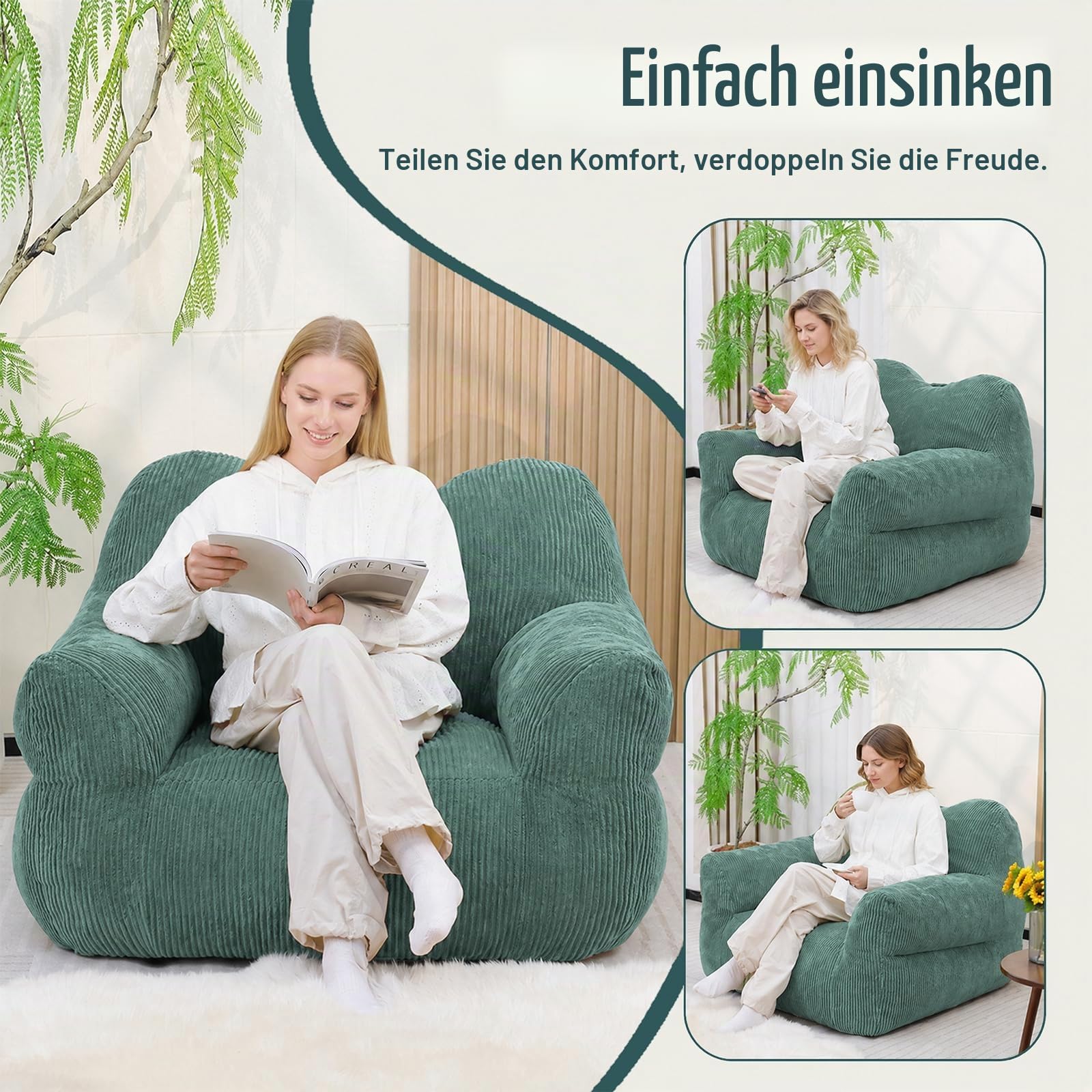 Cord Sitzsack Erwachsene, Bean Bag Chair mit Memory-Schaum Füllung, Gemütlicher Relaxsessel mit Armlehnen & Tragegriff, Big Sessel für Wohnzimmer Schlafzimmer (XL-Dunkelgrün)