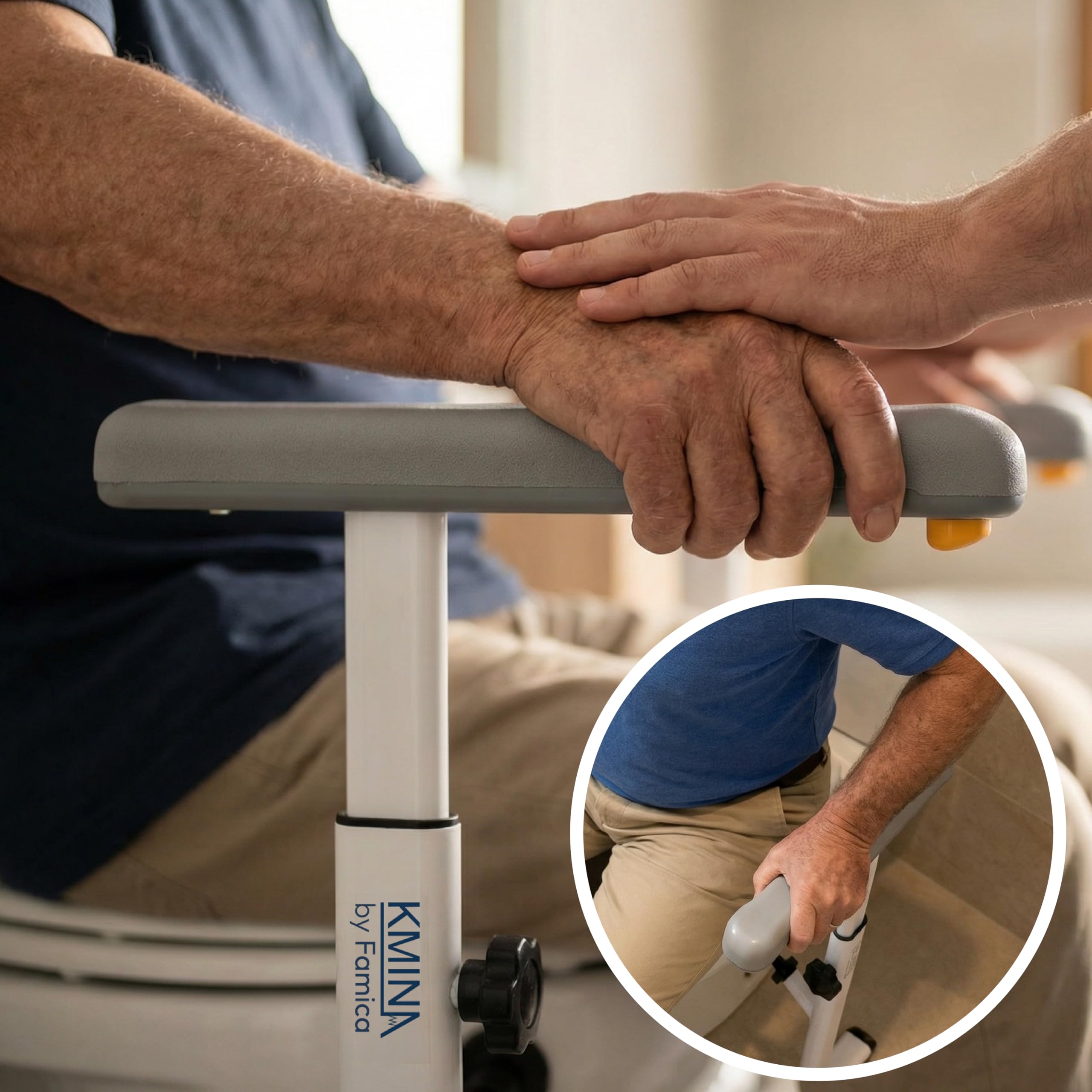 KMINA Supporto WC con Braccioli per Anziani e Disabili, Telaio di Sostegno Regolabile per Alzarsi dal Water, Senza Forare con Ventose Laterali, Altezza 63-75cm Larghezza 68-75cm, Acciaio Inox
