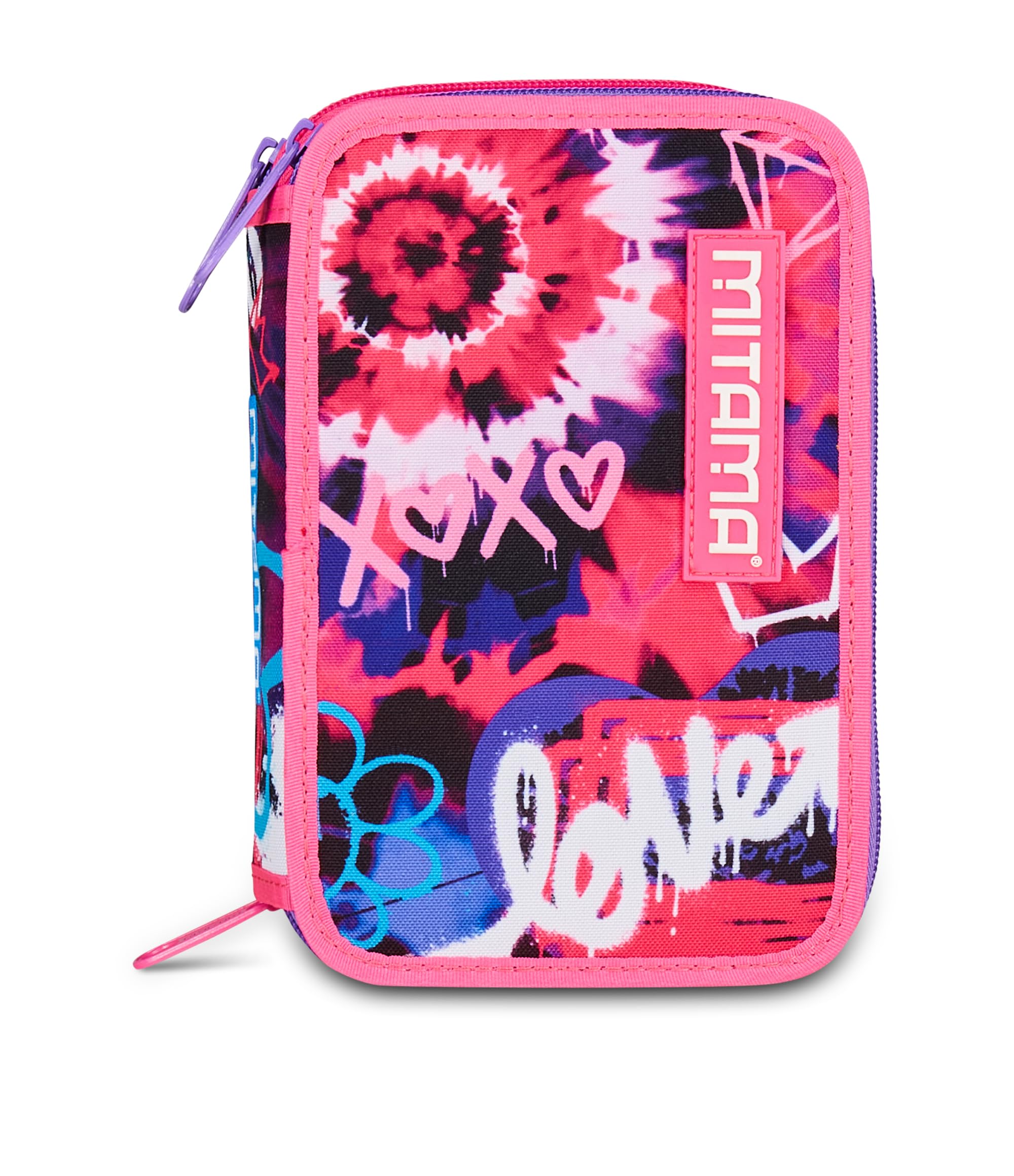 Mitama HIP-HOP DIAMOND, etui met 3 vakken, inhoud 47 stuks, compleet met potloden, viltstiften, pennenkoker voor de basisschool voor meisjes, Paars, Eén maat, Etui met 3 ritssluitingen