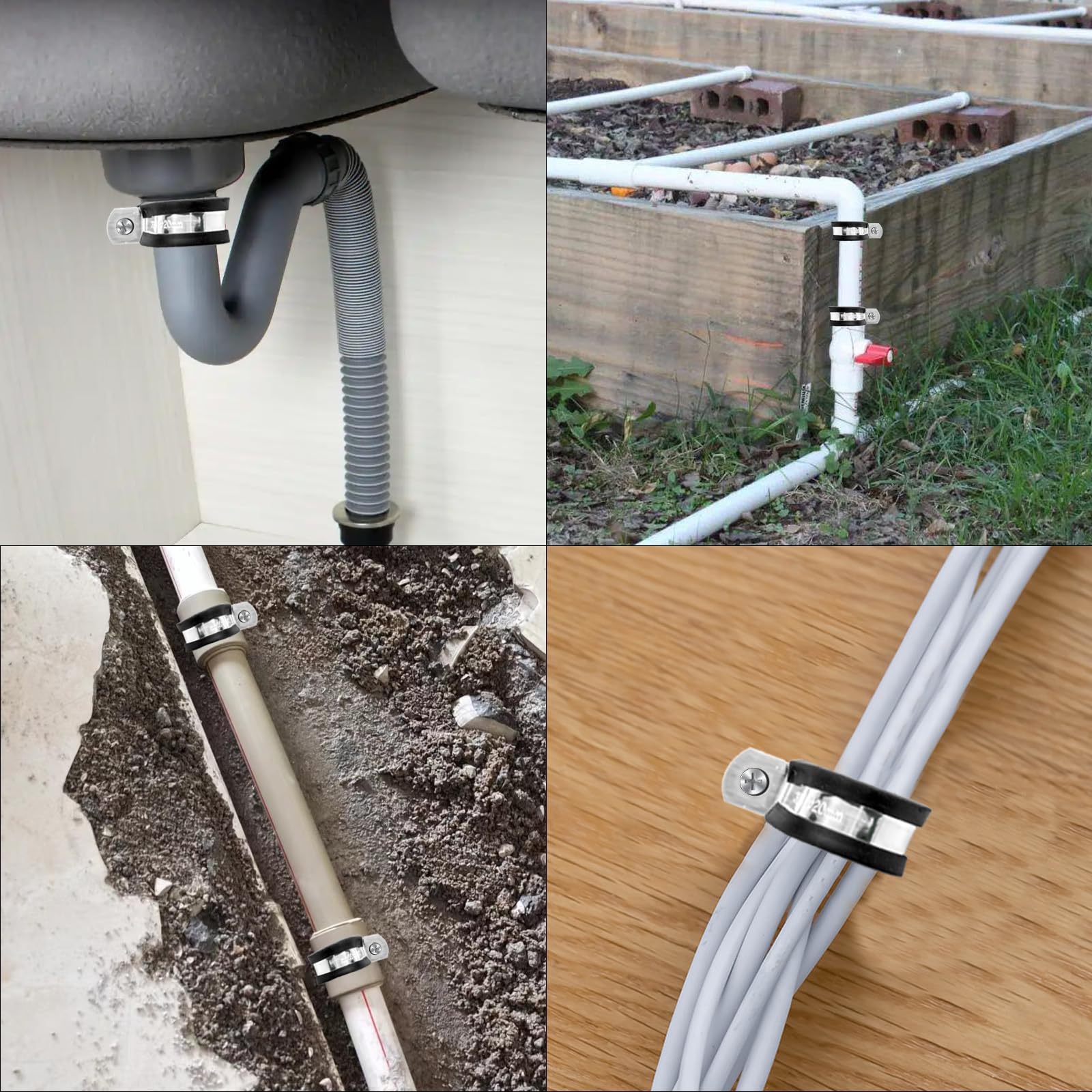 20 szt Nierdzewna Obejma P-Clip, 20mm z Gumową Wkładką | do mocowania kabli, węży i rur, obejmy P-clip ze stali nierdzewnej z wkładką gumową