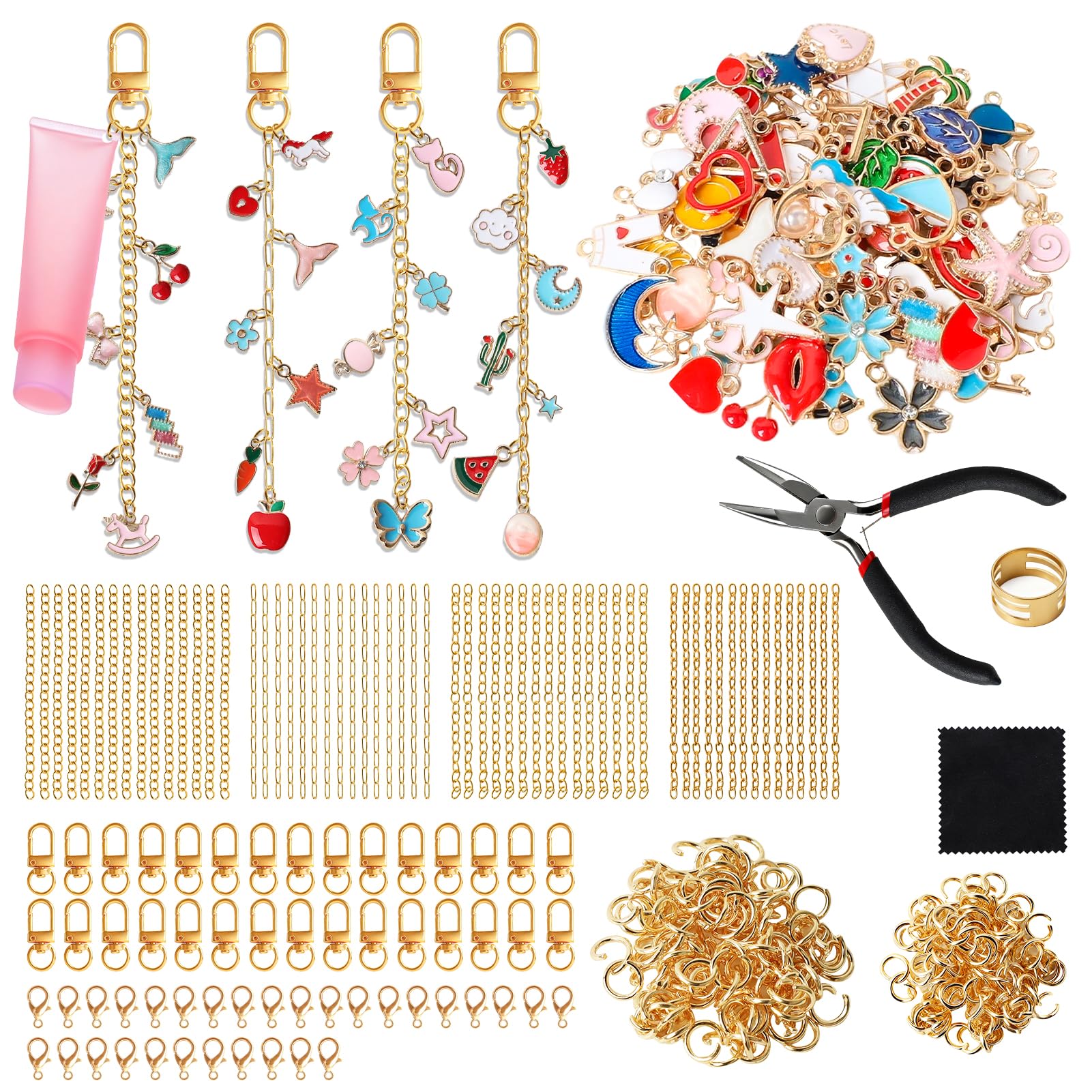 SUTROMA 423Pcs Lip Gloss Charms Keychain Kit | Including 100 Charms 60 Keychain Clip 30 Extender Chains 1 Jewelry Plier | Bag Charm Kit | Jewelry Making Supplies for DIY Key Chain Making (Kind1)