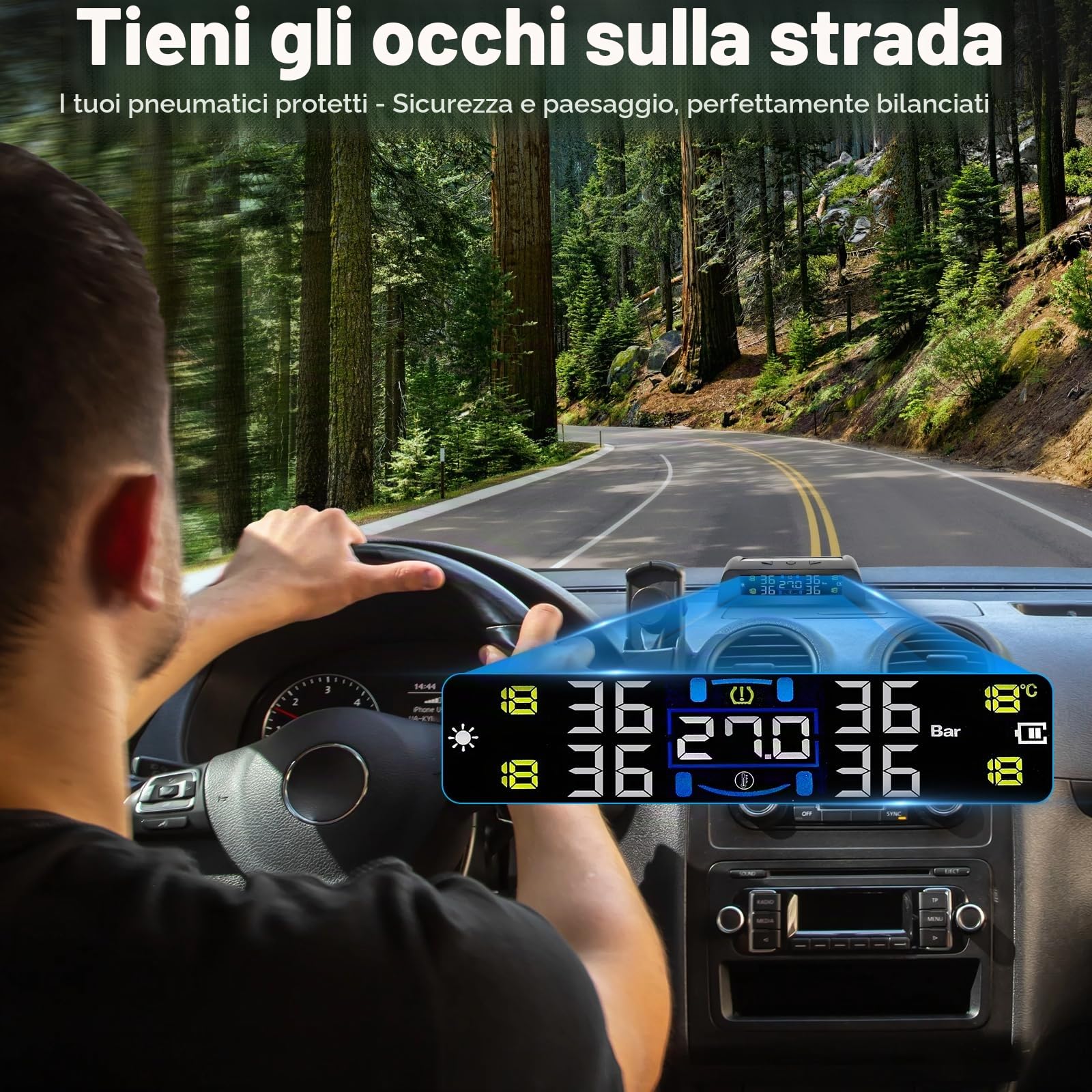 TPMS Sistema di Monitoraggio,della Pressione degli Pneumatici, Allarme Temperatura, Auto On/off per Camper, Berlina, SUV, Monovolume, Rimorchio, 4 Sensori Esterni (72psi)