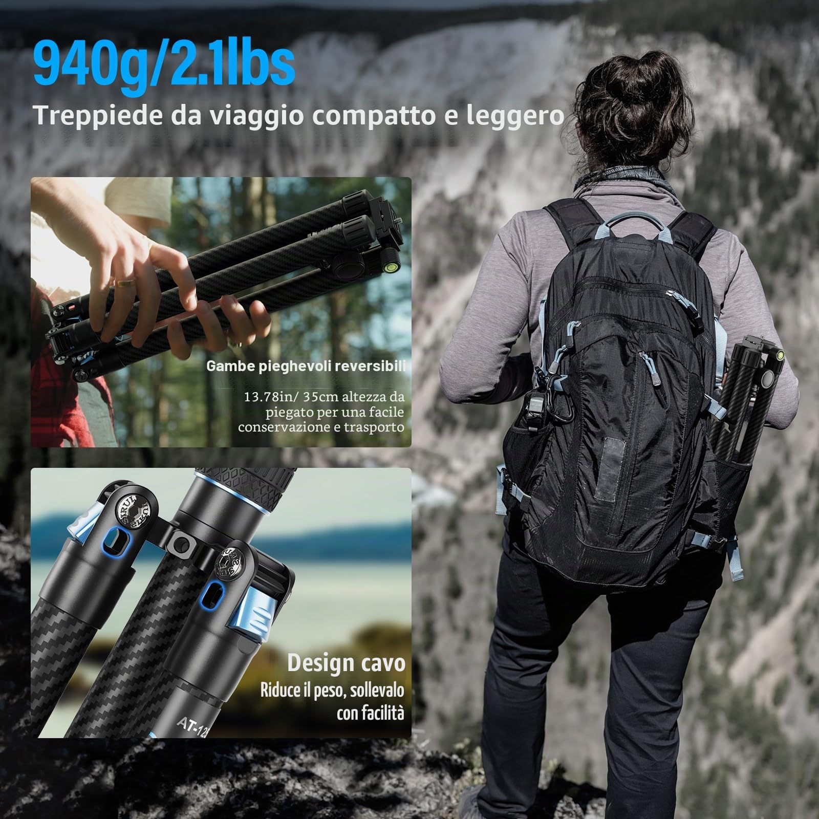 SIRUI Treppiede Fotocamera Carbonio Ultraportatile, 153cm Treppiede Viaggio con Testa a Sfera 360°, 920g Leggero Compatto, Carico Massimo 10KG, Ideale per Vlog/Paesaggistica - Traveler X-III