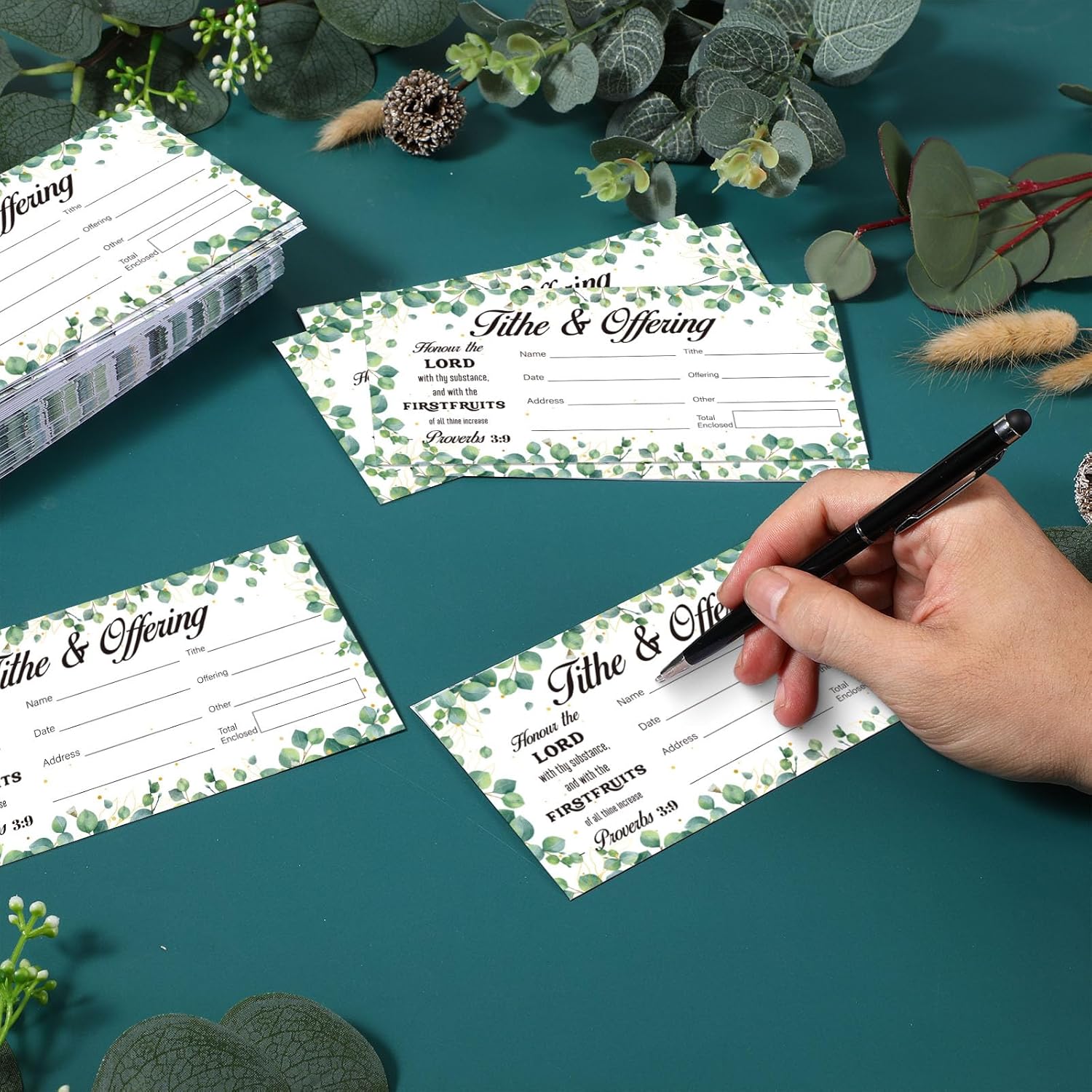 600 Pcs Church Offering Tithe Donation Envelopes Greenery Paper Tithes and Offering Bill Envelopes Eucalyptus Church Tithing Checks and Cash Envelopes for Christian Religious Occasions (600, Leaves)
