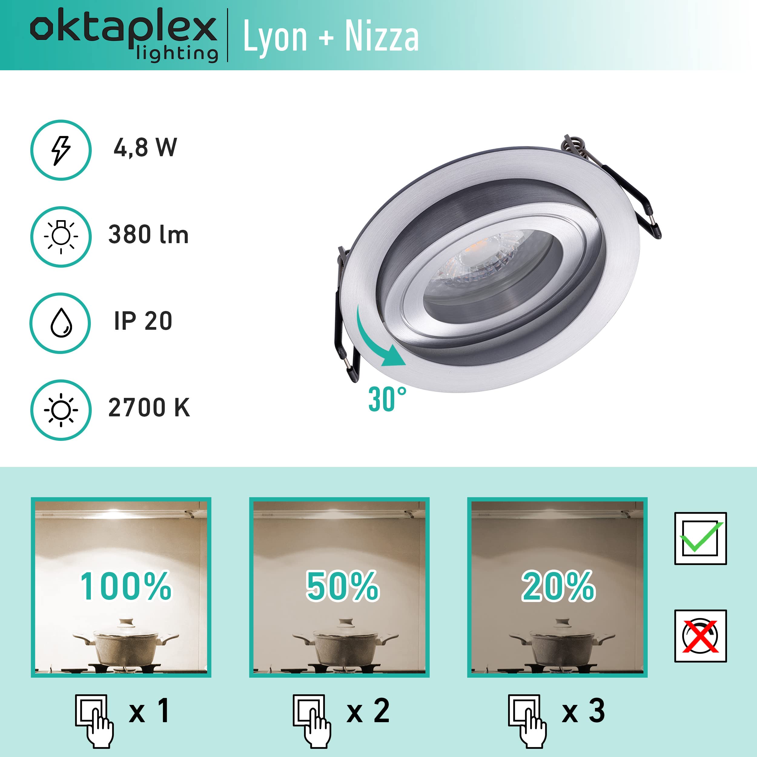 Oktaplex - Juego de 6 focos empotrables con módulo LED (3 niveles regulables, aluminio lion, 4,8 W, 2700 K, 230 V, 380 lm, luz blanca cálida, diámetro de montaje: 80 mm, redondo)