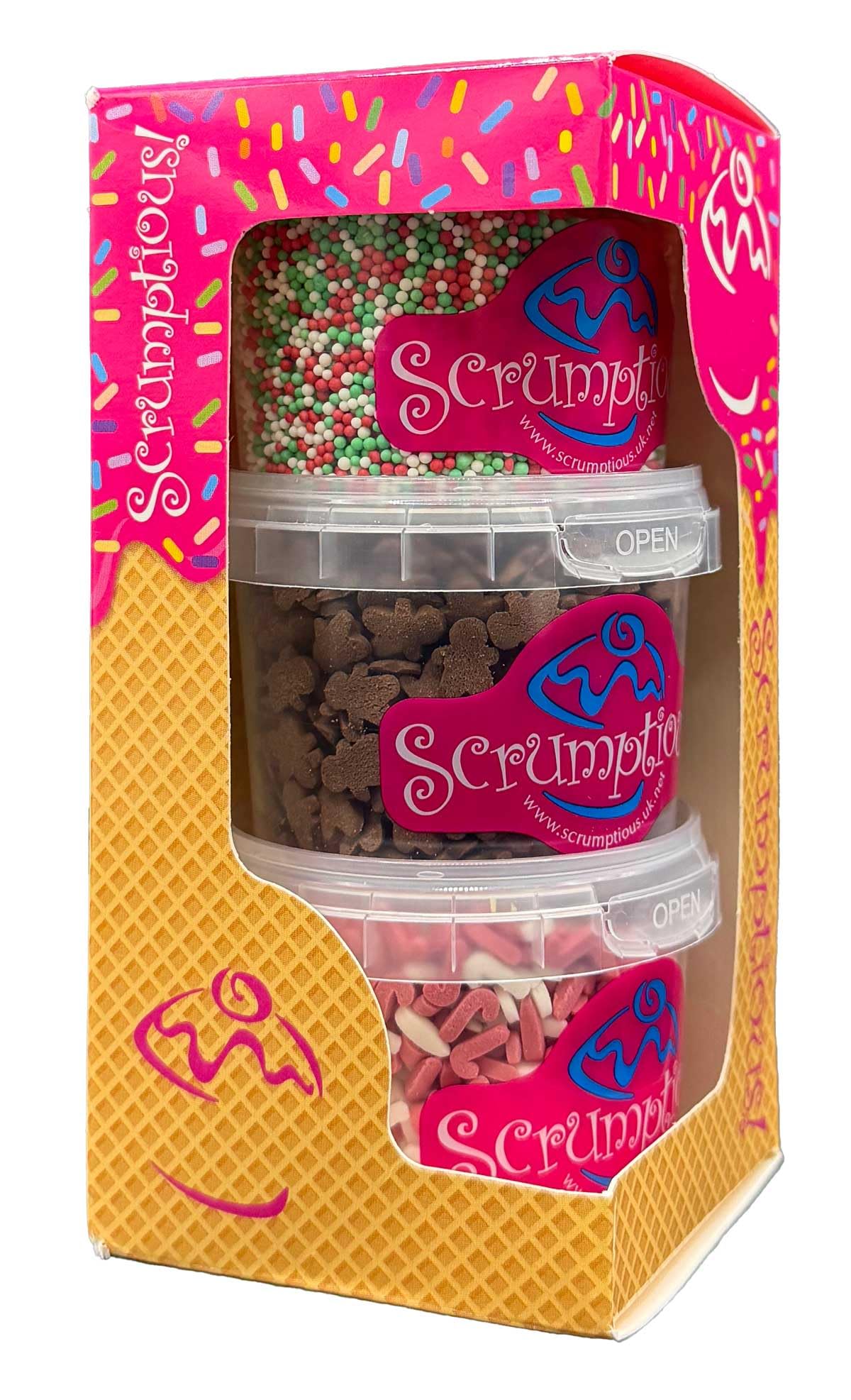 Scrumptious! - Trio - Gingerbread Edible Cake Topper Sprinkles Cupcake Decorations - 1x60g Red and White Candy Canes, 1x90g Matt Red, Green, White 100s and 1000s, 1x60g Gingerbread Men in a Box