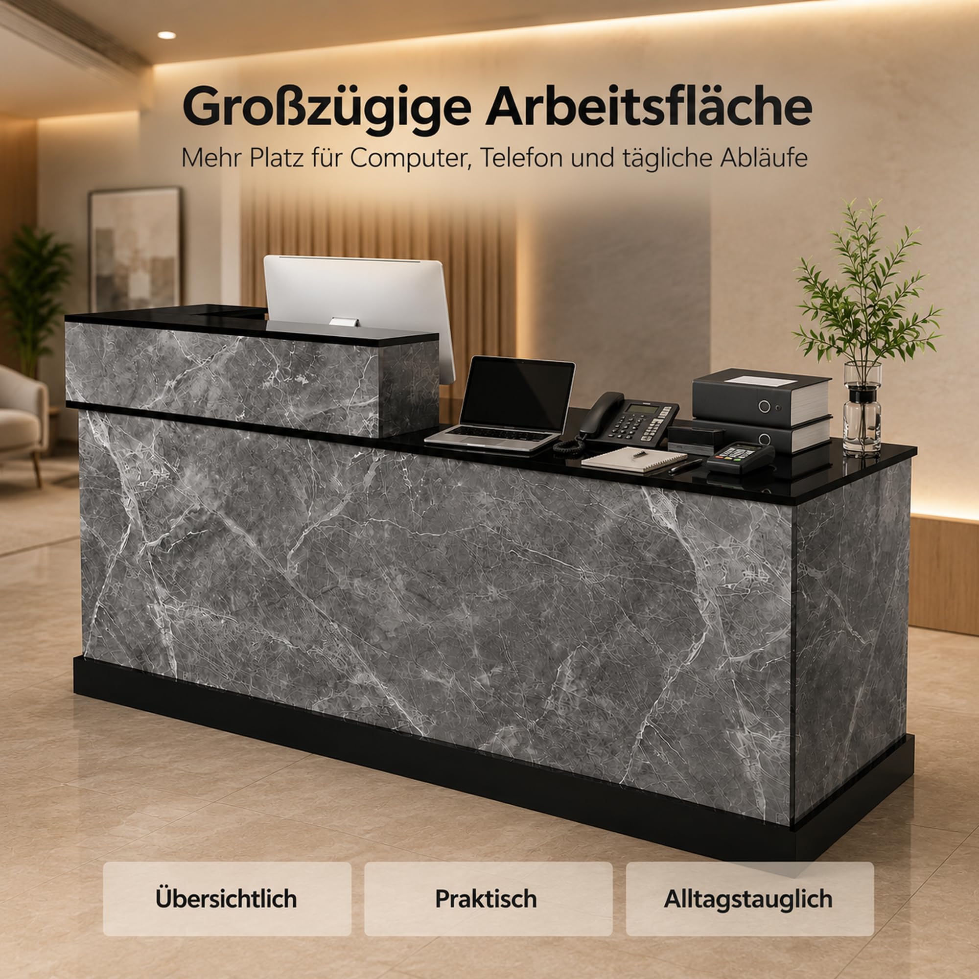 JSLJDM Empfangstheke 160 cm mit Stauraum, Moderne Theke in Marmoroptik, Empfangstresen für Büro, Praxis, Salon und Geschäft Left