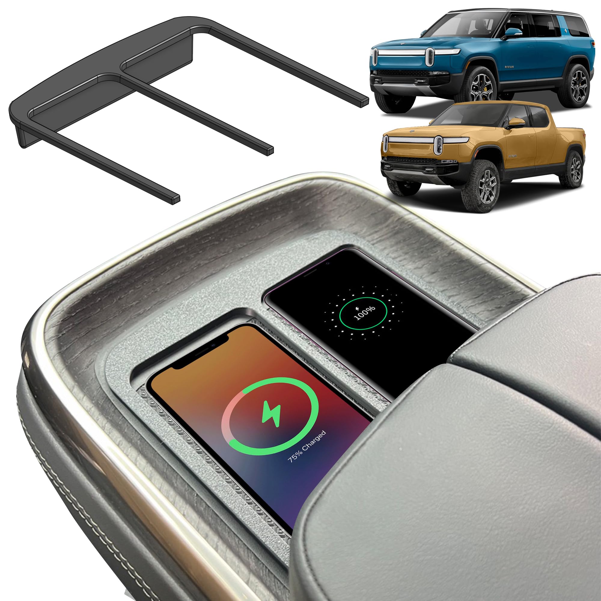 Double Cell Phone Holder for R1T & R1S - Charge Two Phones or Airpod Pro with Original Wireless Charging. Simple Installation, No Sliding, Choose Your Size for Regular or Large Phones (Black)