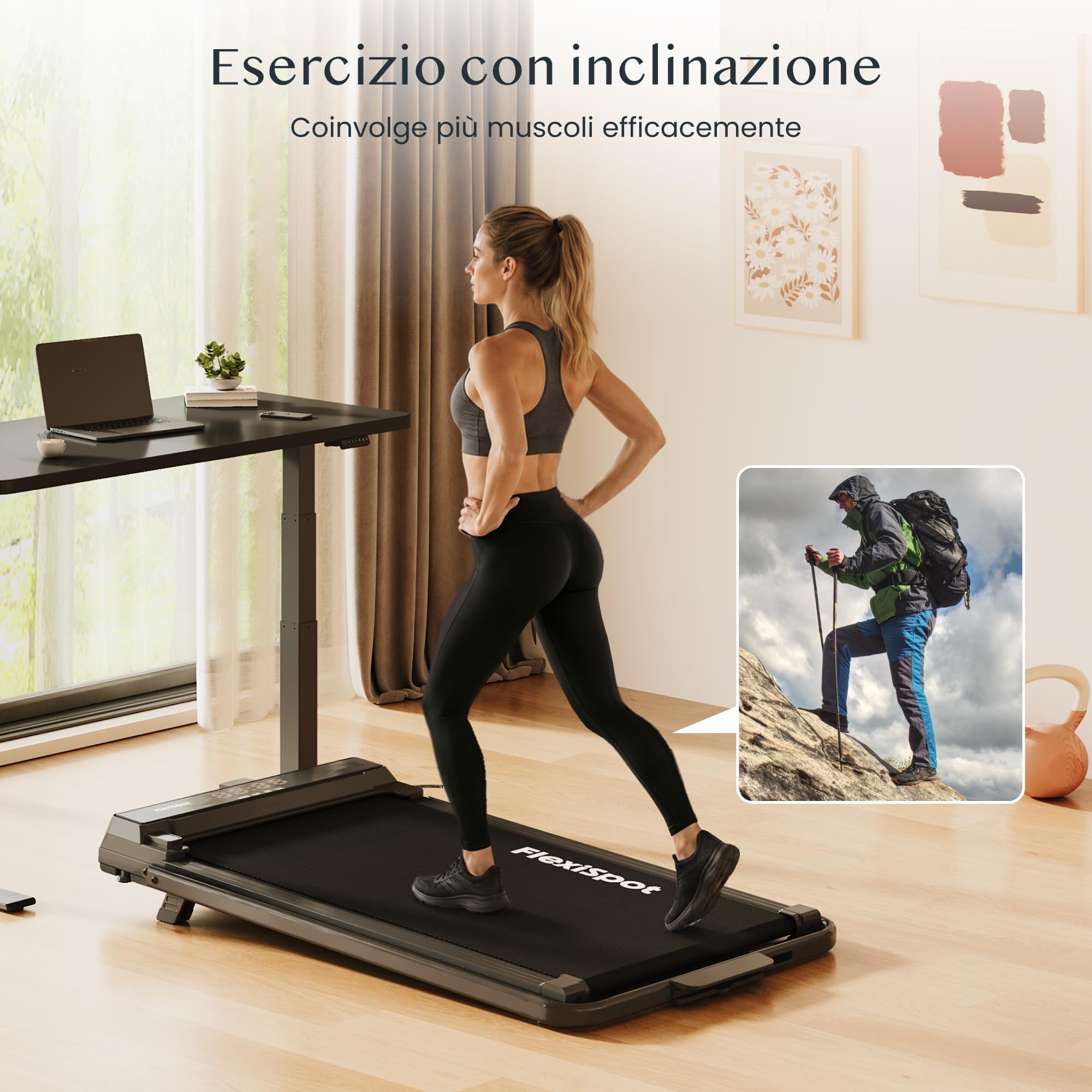 FLEXISPOT DynamicX Tapis Roulant Elettrico 2 in 1 Pieghevole con Corrimano, Walking Pad Inclinazione 7%, Velocità 1-12 km/h, Portata 140 kg, Display LED e Telecomando, per Casa e Ufficio