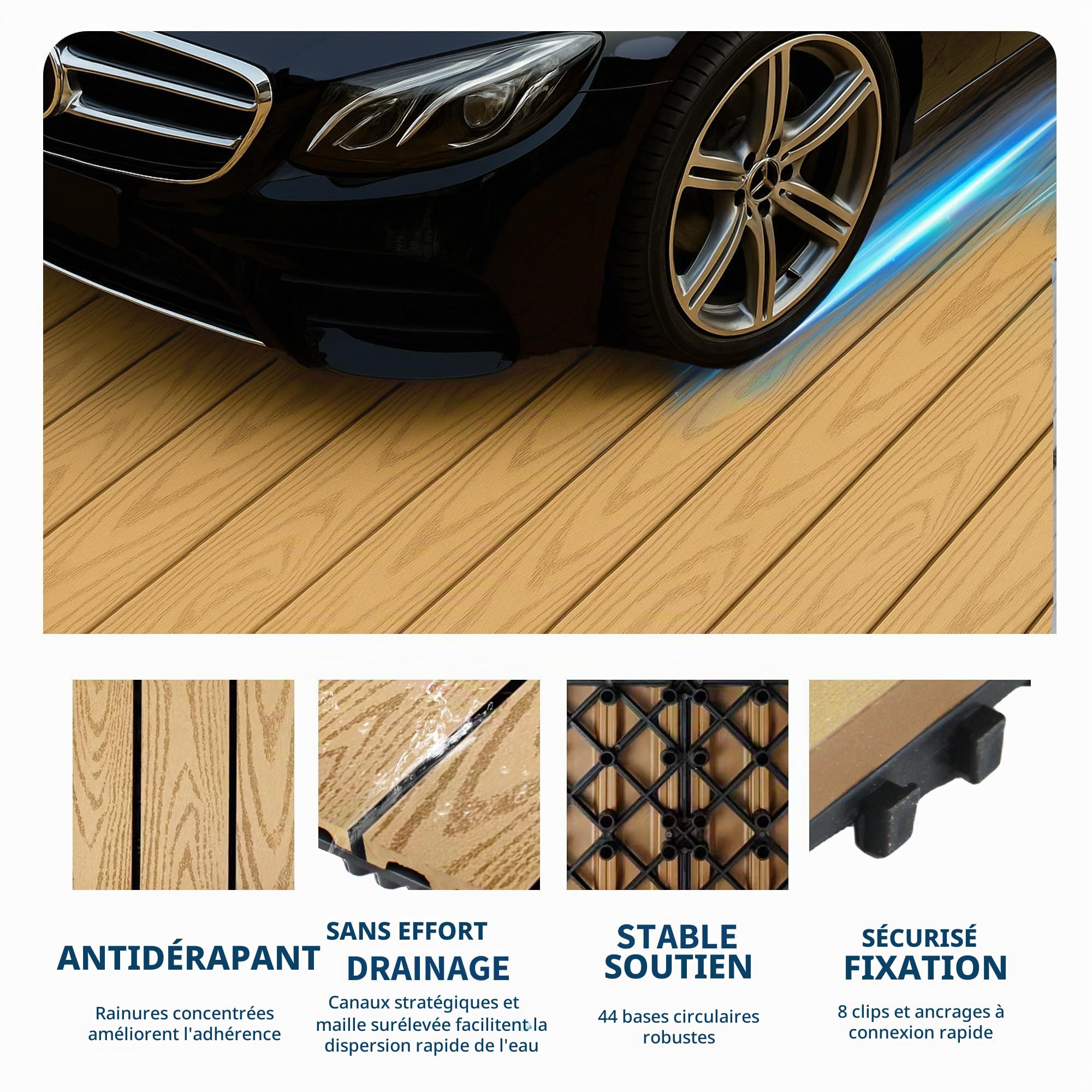 Dalles de terrasse clipsables en composite imitation bois,30 * 30cm Étanches et antidérapantes Idéal étenduérieur/intérieur Pour balcon, jardin, piscine, patio (Couleur teck, Lot de 9)