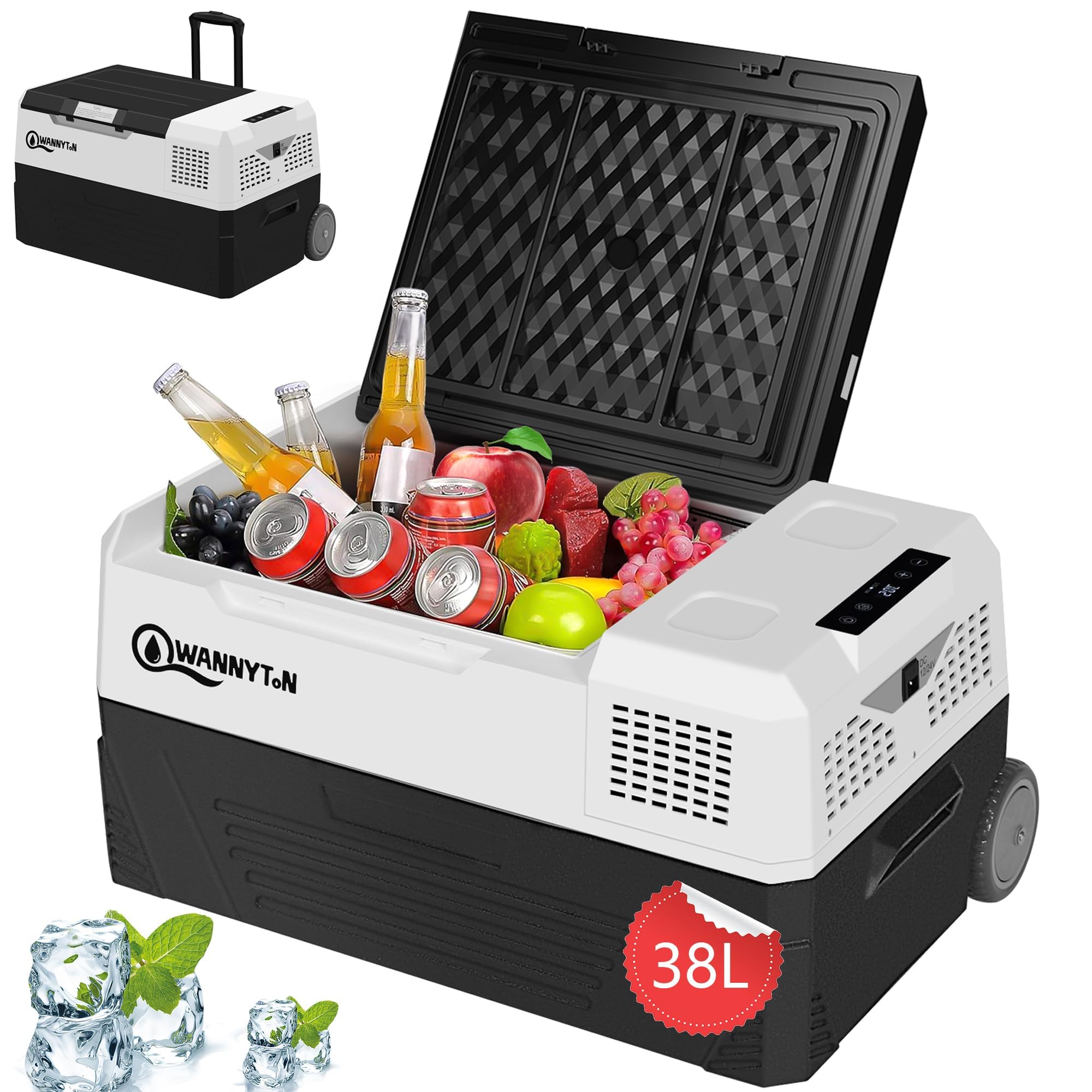 WANNYTON Nevera Eléctrica Portátil 38 L, 12/24/100-240 V, Mini Nevera Portatil para Cochr, Nevera Portatil Compresor con Ruedas y Asa, con Cable CC/CA