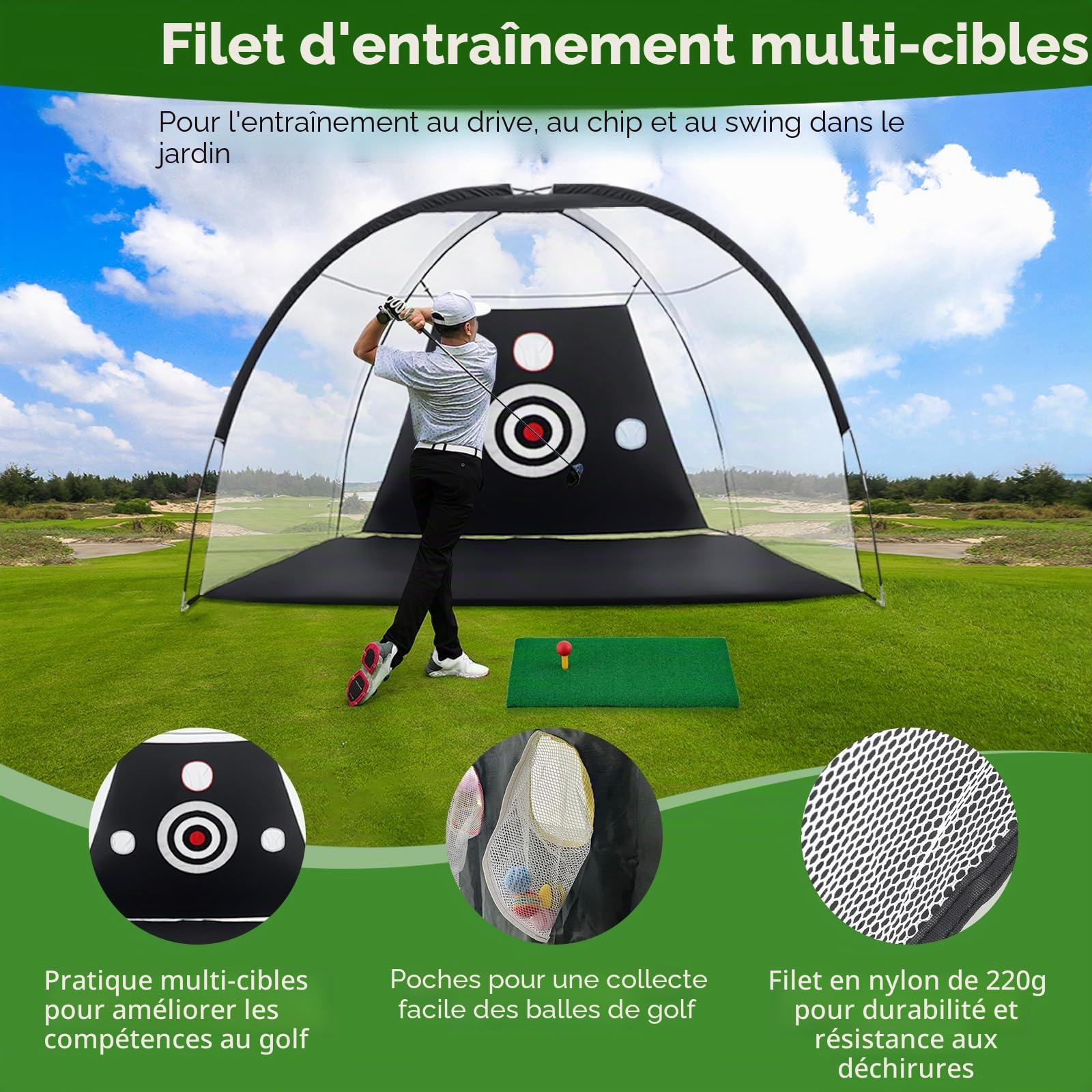 Filet d'entraînement de Golf, 10x7FT Pratique Filet Golf, Simulateur de Formation Cible pour Extérieur Intérieur, Cadeaux pour Hommes