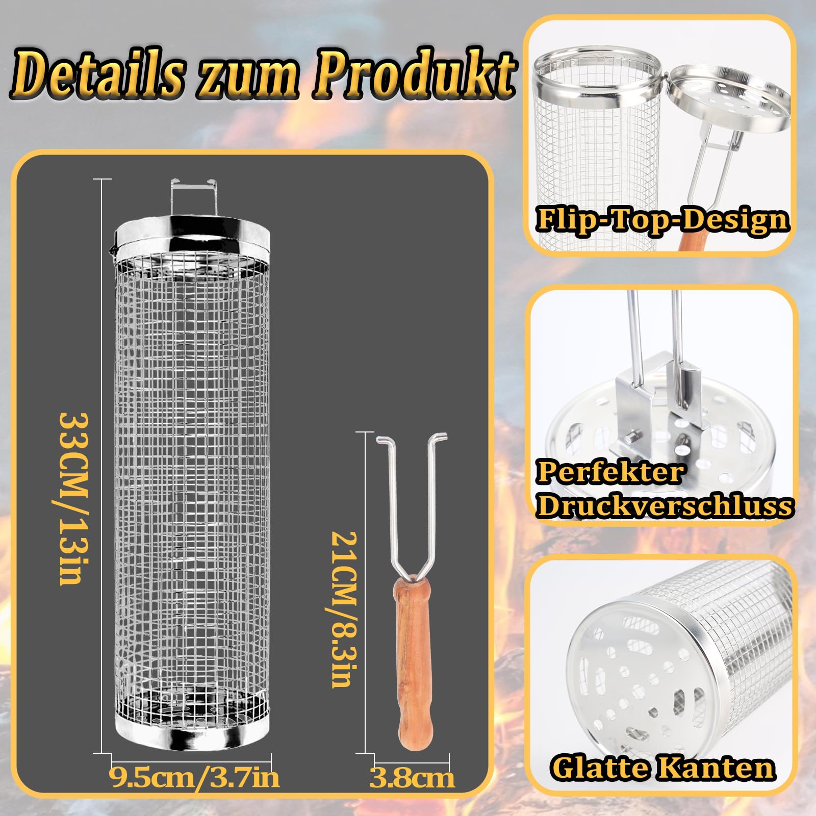 2-teiliges Rolling Grillkorb Set Edelstahl - Mit Abnehmbarem Griff