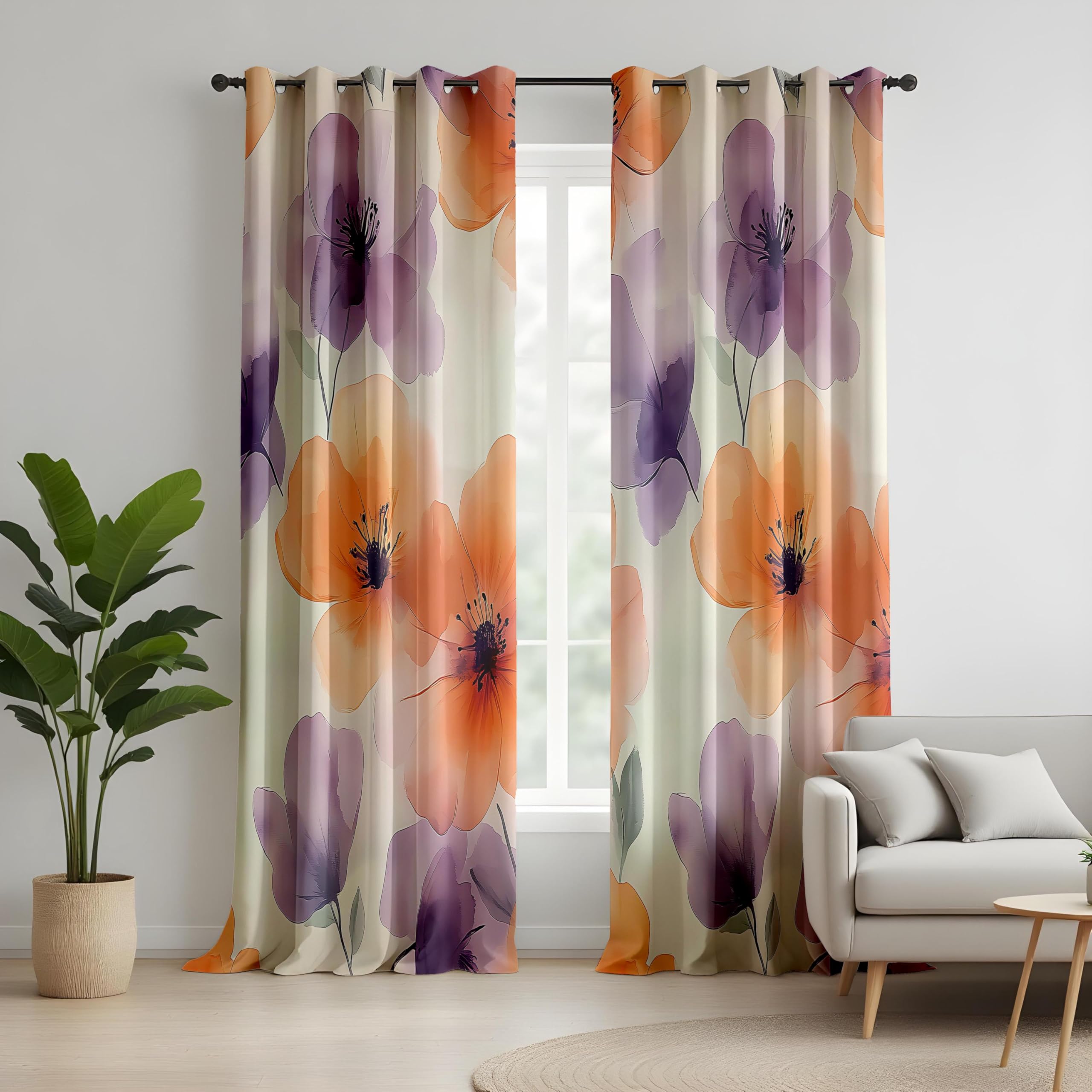 Rideaux occultants à Motifs Floraux Orange et Violet, Panneaux de fenêtre à Fleurs Aquarelle pour Salon, Rideaux artistiques pour Chambre (L x H / 2 x 150 x 300 cm)