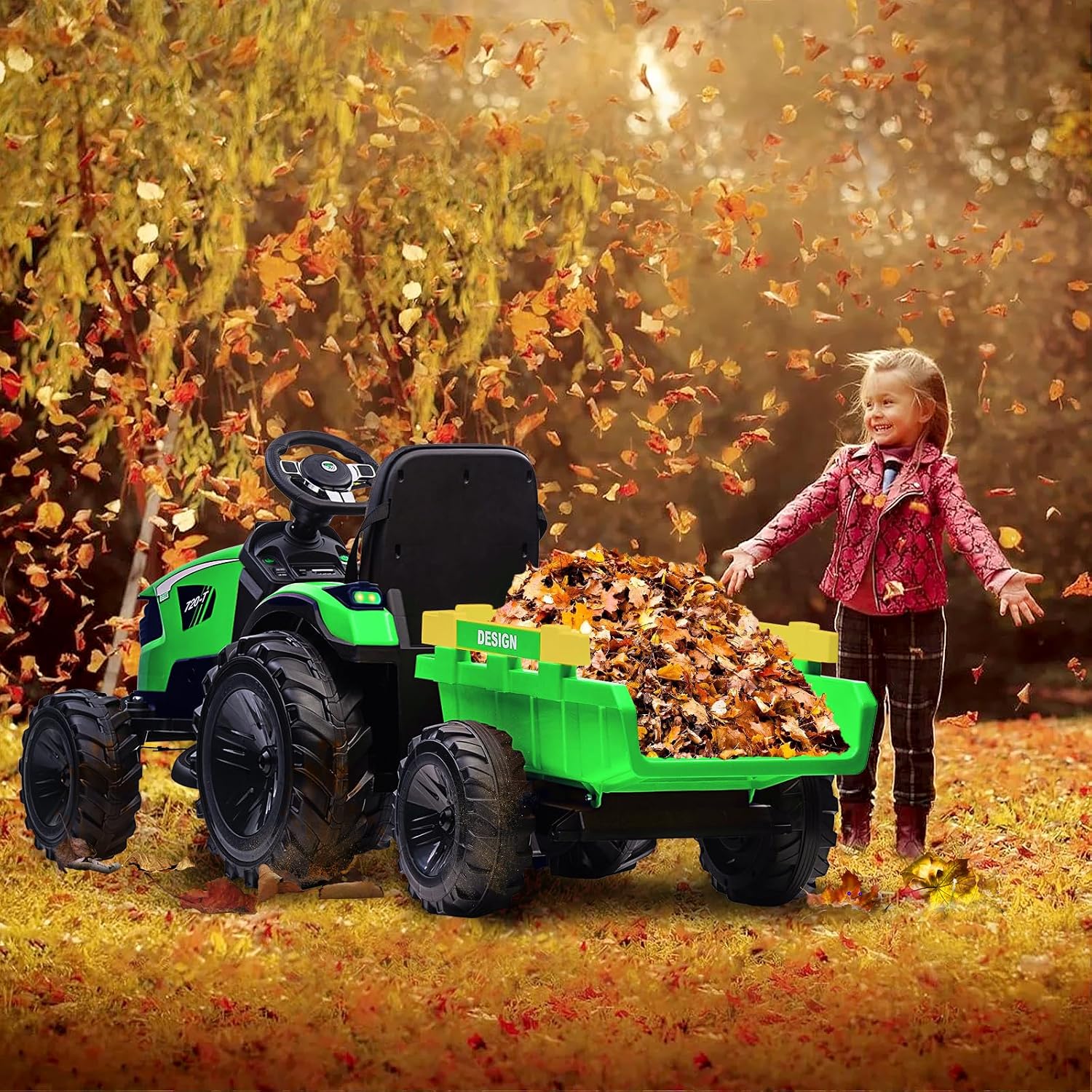 Garvee 4-in-1 Ride on Tractor, 24v Ride on Toys for Big Kids, Remote Control Excavator with Trailer, Shovel Bucket, Digger, Remote Control, EVA Tires, LED Light, Music, USB, Green