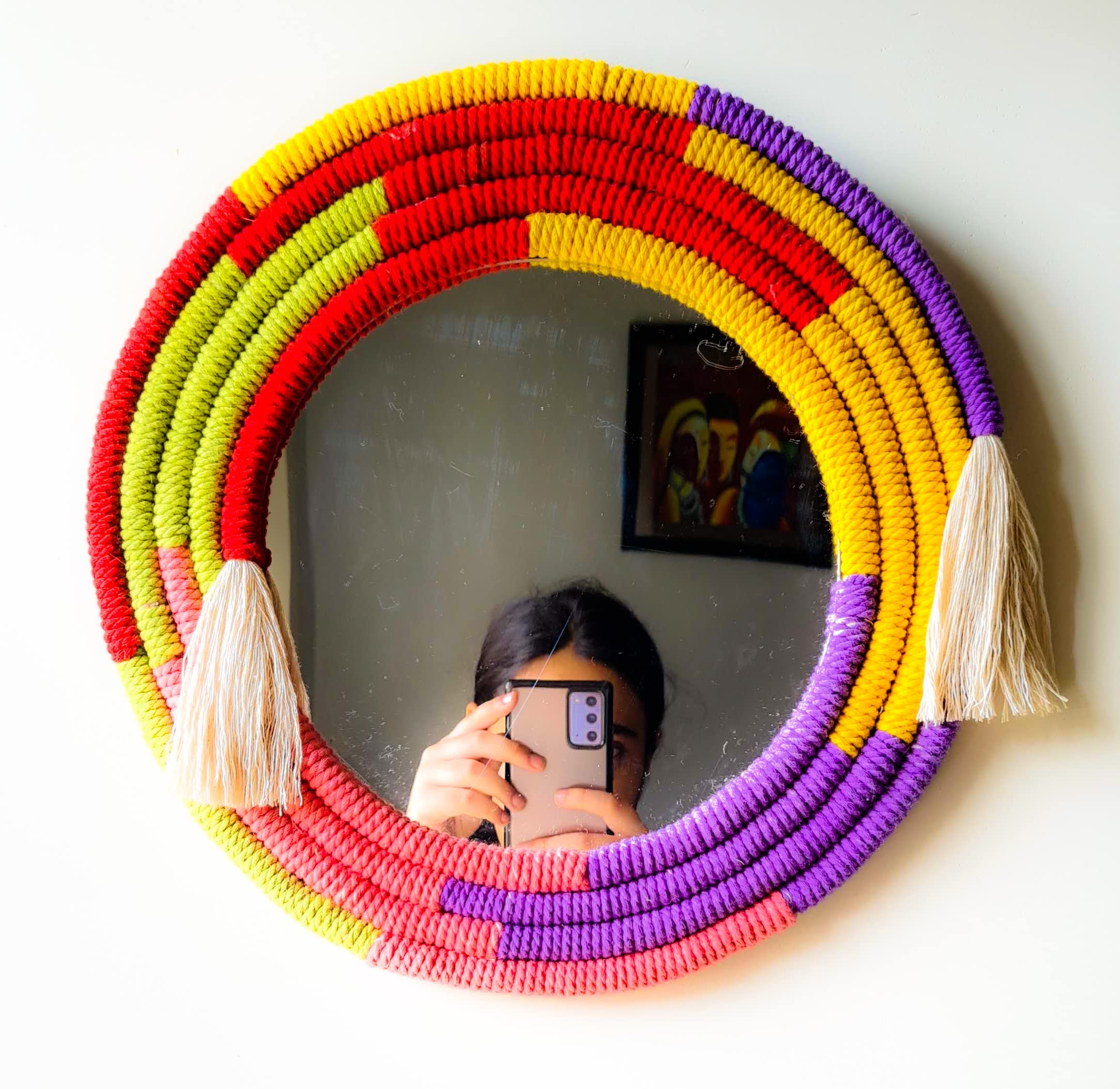 Zippy Flora Handmade Macrame Designer Wall Mirrorfor Home/Wall Decor |Art Macrame Boho Decor Decorative Mirror|Statement Mirrors (Abstract Colourful 13 inch)