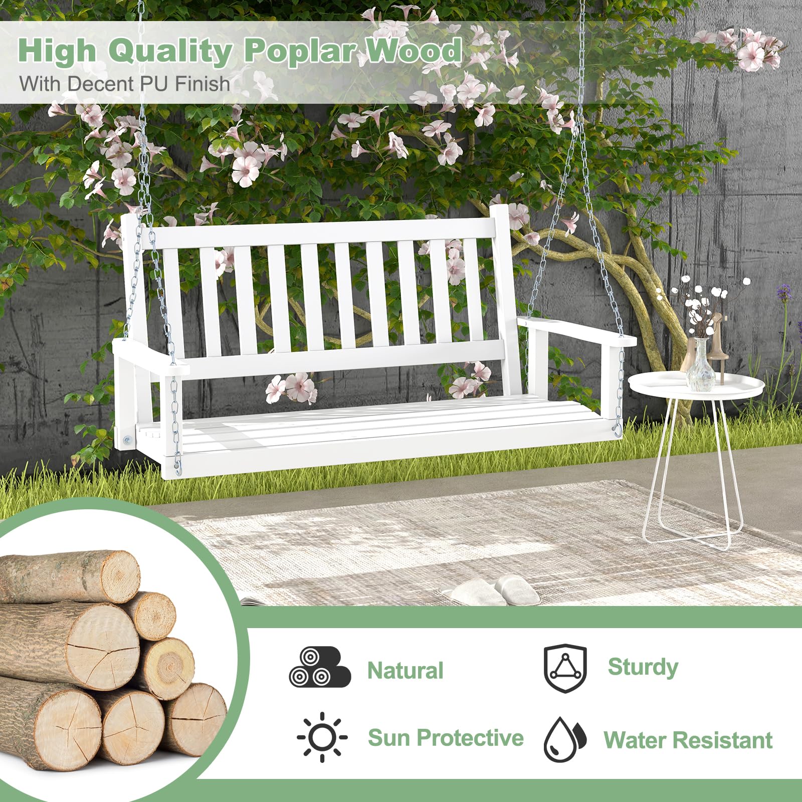 KOMFOTTEU Columpio de Madera de Álamo de 2-3 Plazas, Banco Colgante con Cadenas Ajustables de Metal, Silla Hamaca con Respaldo de Listones, Asiento Suspendido de Jardín (Blanco, 136 x 67 x 63 cm)