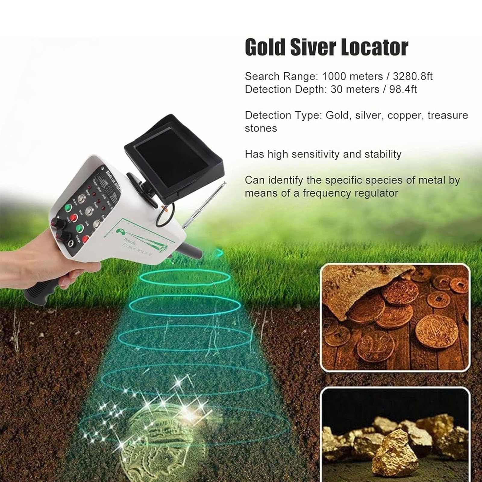 Detector De Metales Subterráneo Profesional con Escáner, Modo De Precisión, Alcance De 1000 M Y Profundidad De 30 M con Pantalla LED, para Cobre, Plata, Oro Y Diamantes